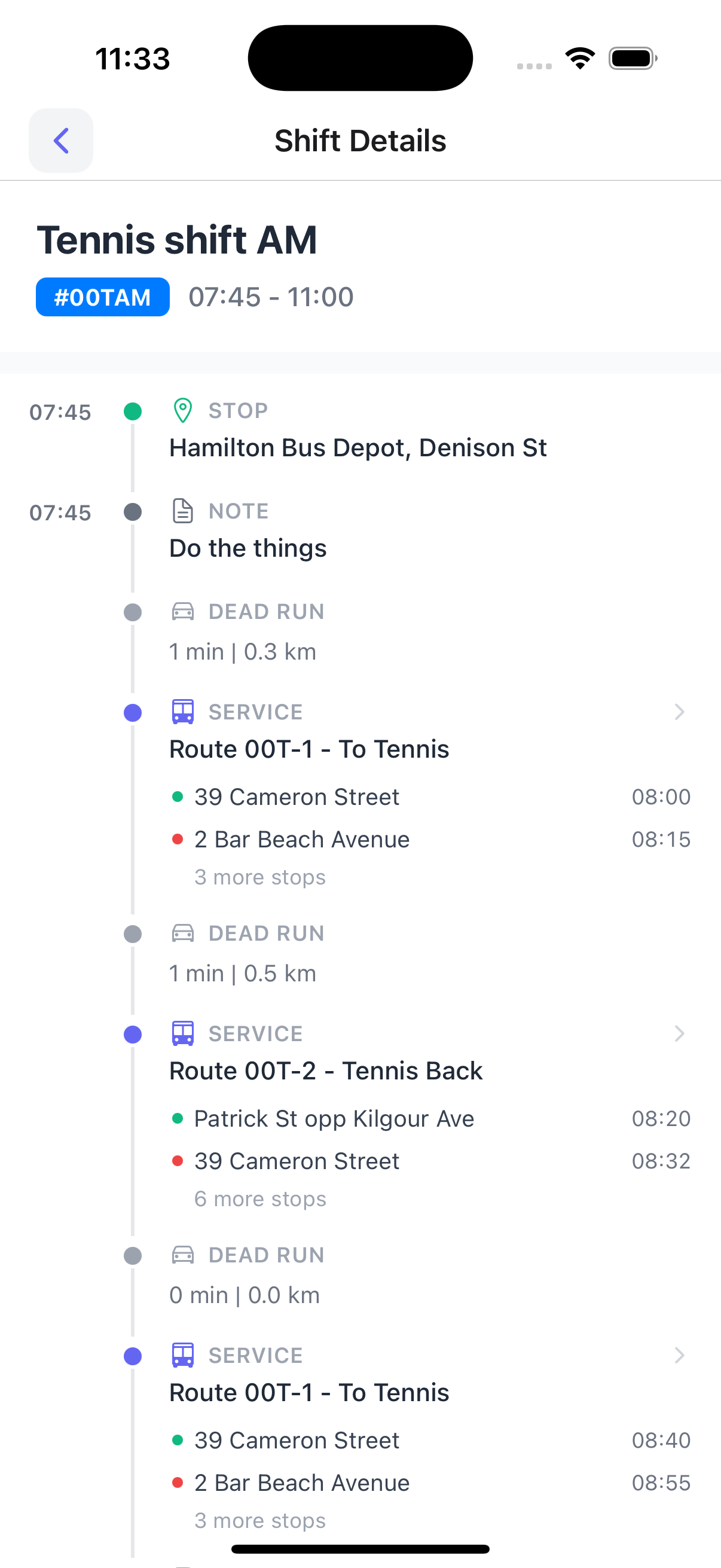 Shift details run sheet with sign-on, services, stops, dead runs and notes