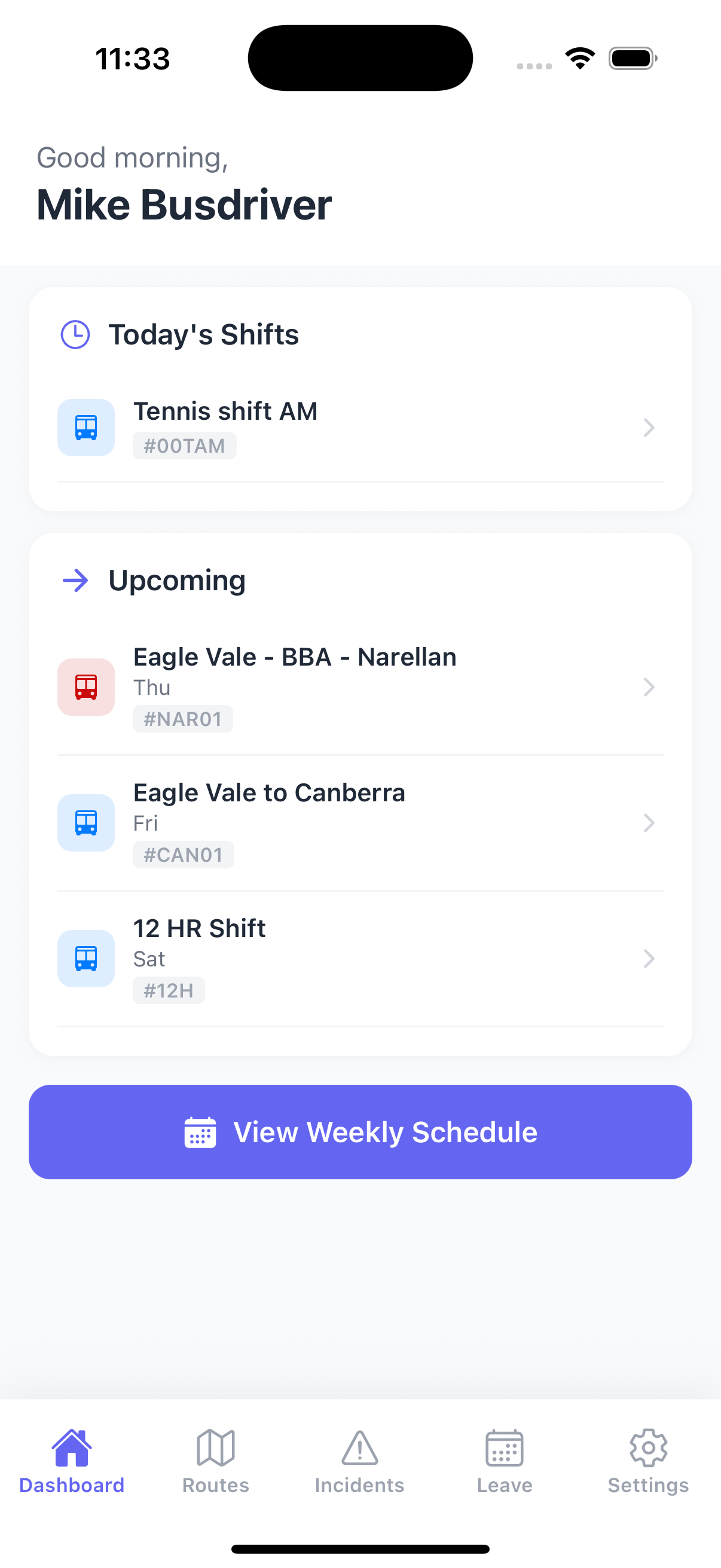 Busable Hub dashboard with today's shift and upcoming shifts
