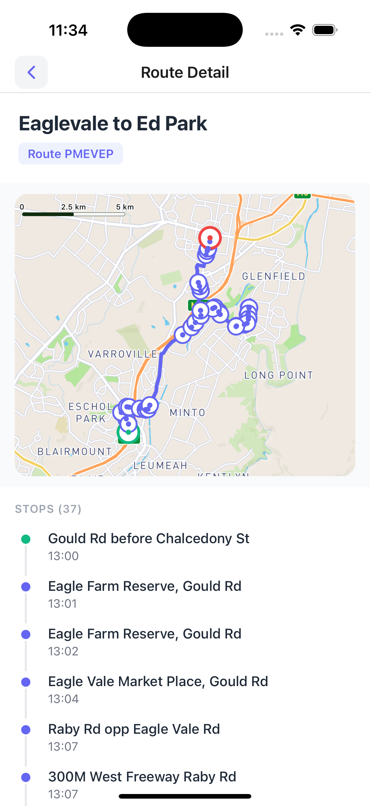 Route detail with the route on a map and the full list of stops and times