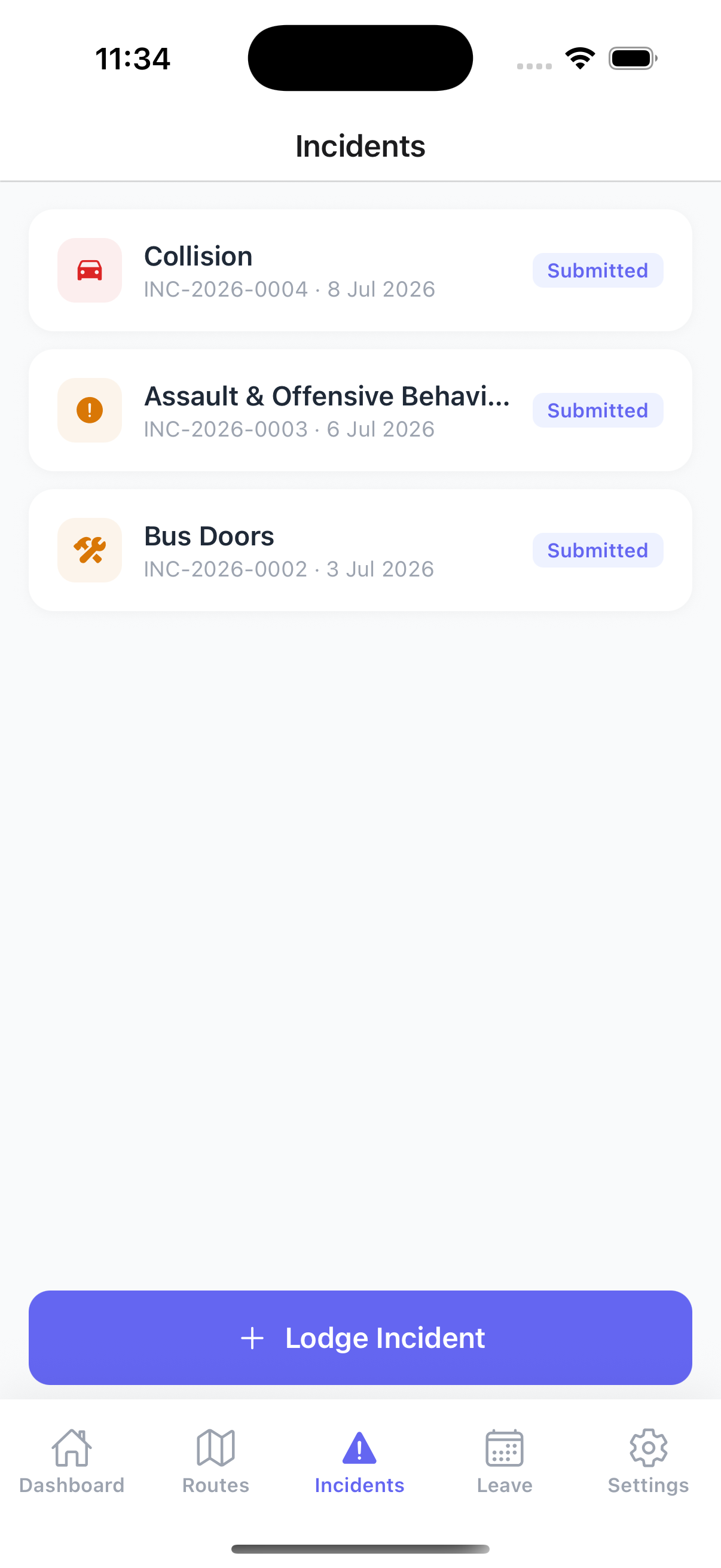 Incidents list with lodged reports and a lodge-incident button