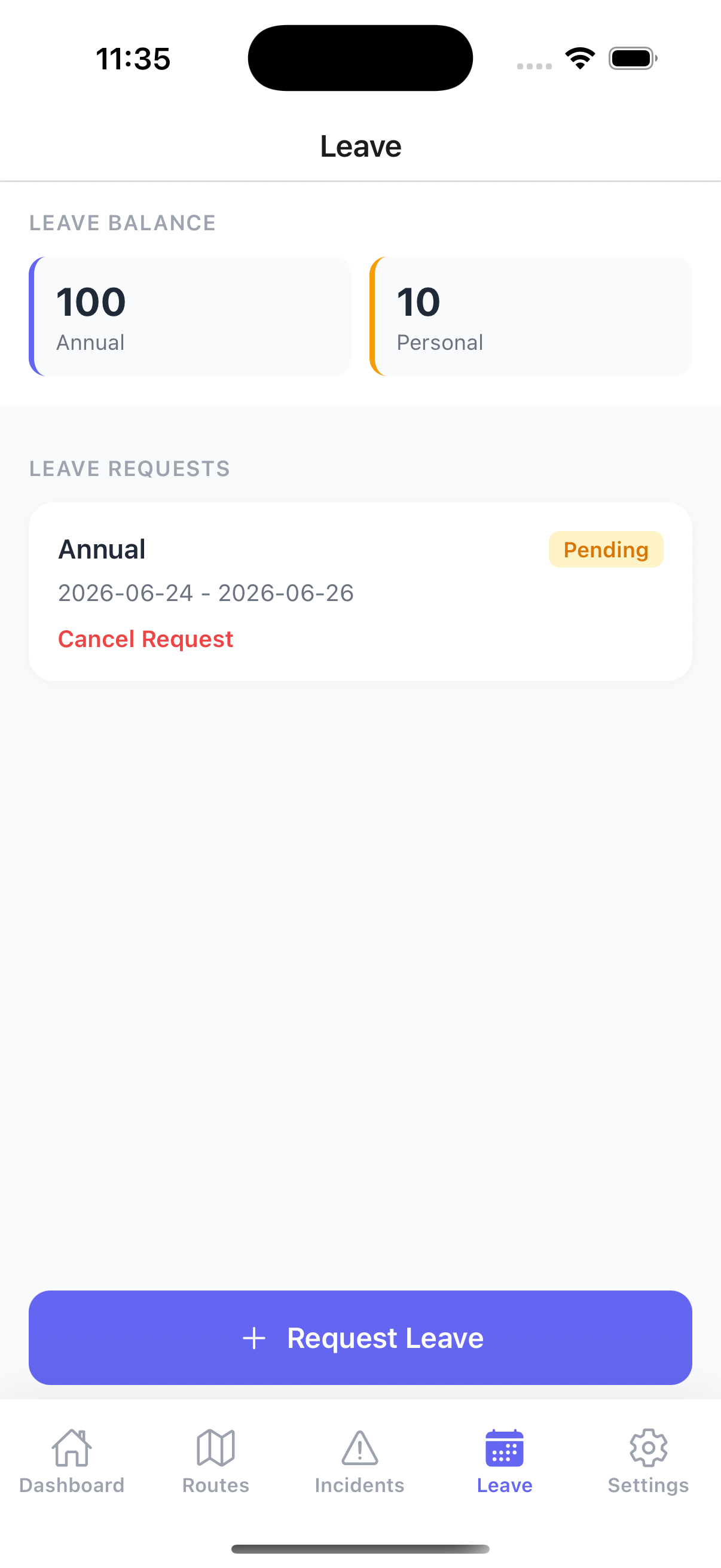 Leave screen with annual and personal balances and a pending request