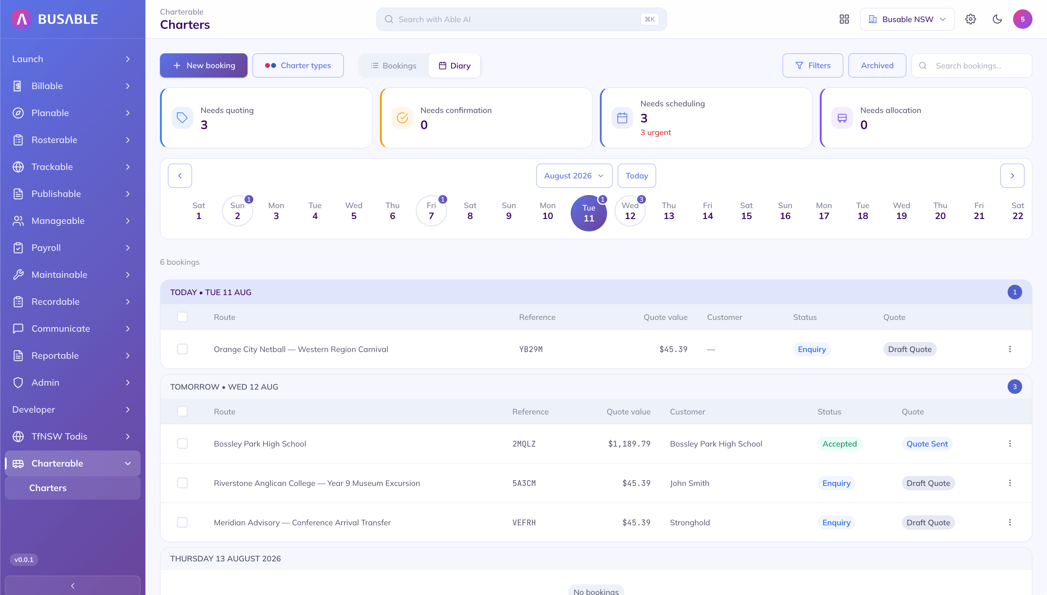 Charter bookings diary with a strip of dates across August 2026, counts on the days that have bookings, and jobs grouped under Today, Tomorrow and Thursday 13 August