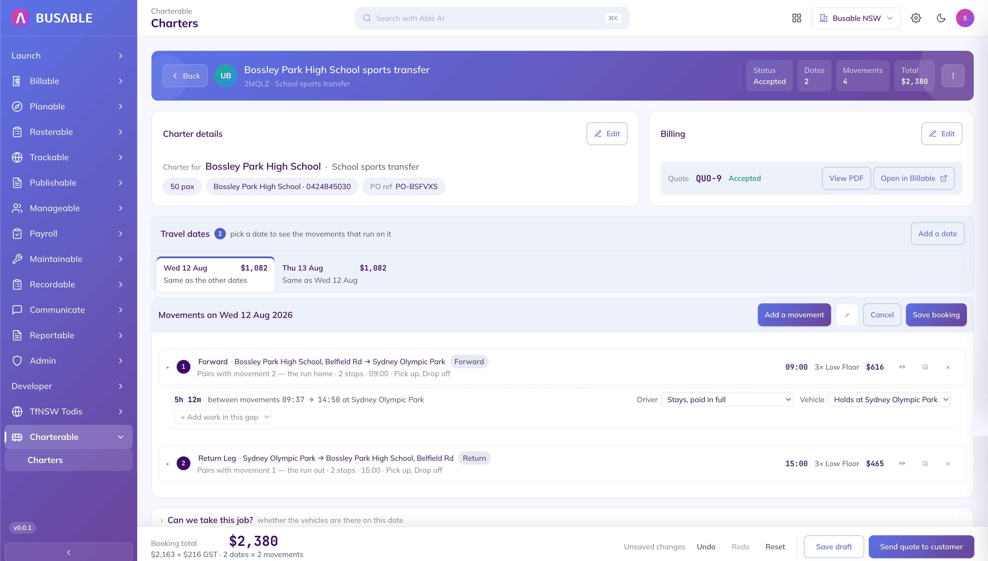 Charter booking for a school sports transfer showing status accepted, two travel dates, four movements and a $2,380 total, with the movements for Wednesday 12 August and a 5h 12m gap between them
