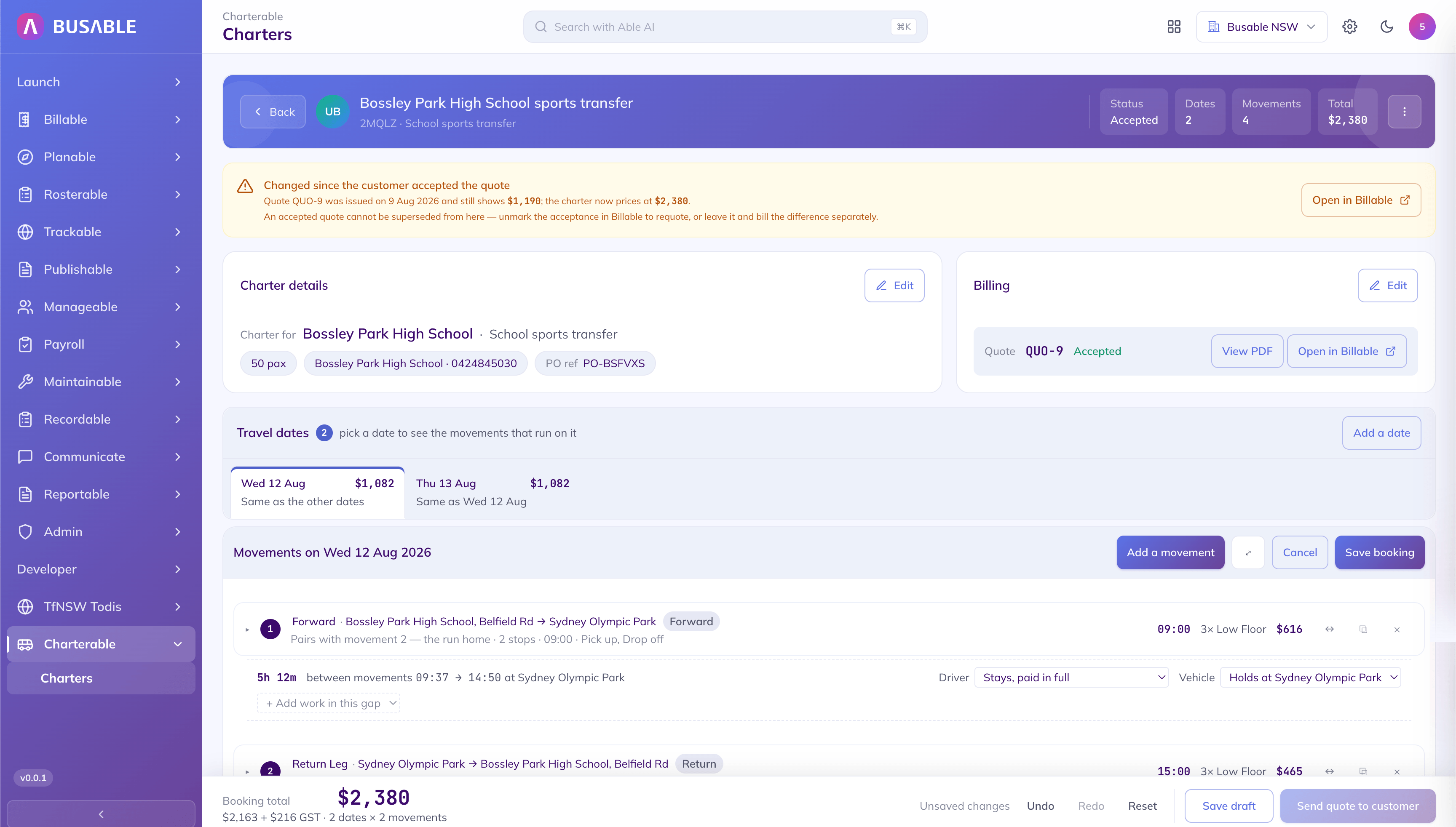 The same booking with a warning that it has changed since the customer accepted the quote — the quote shows $1,190 and the charter now prices at $2,380 — and the send-quote button disabled