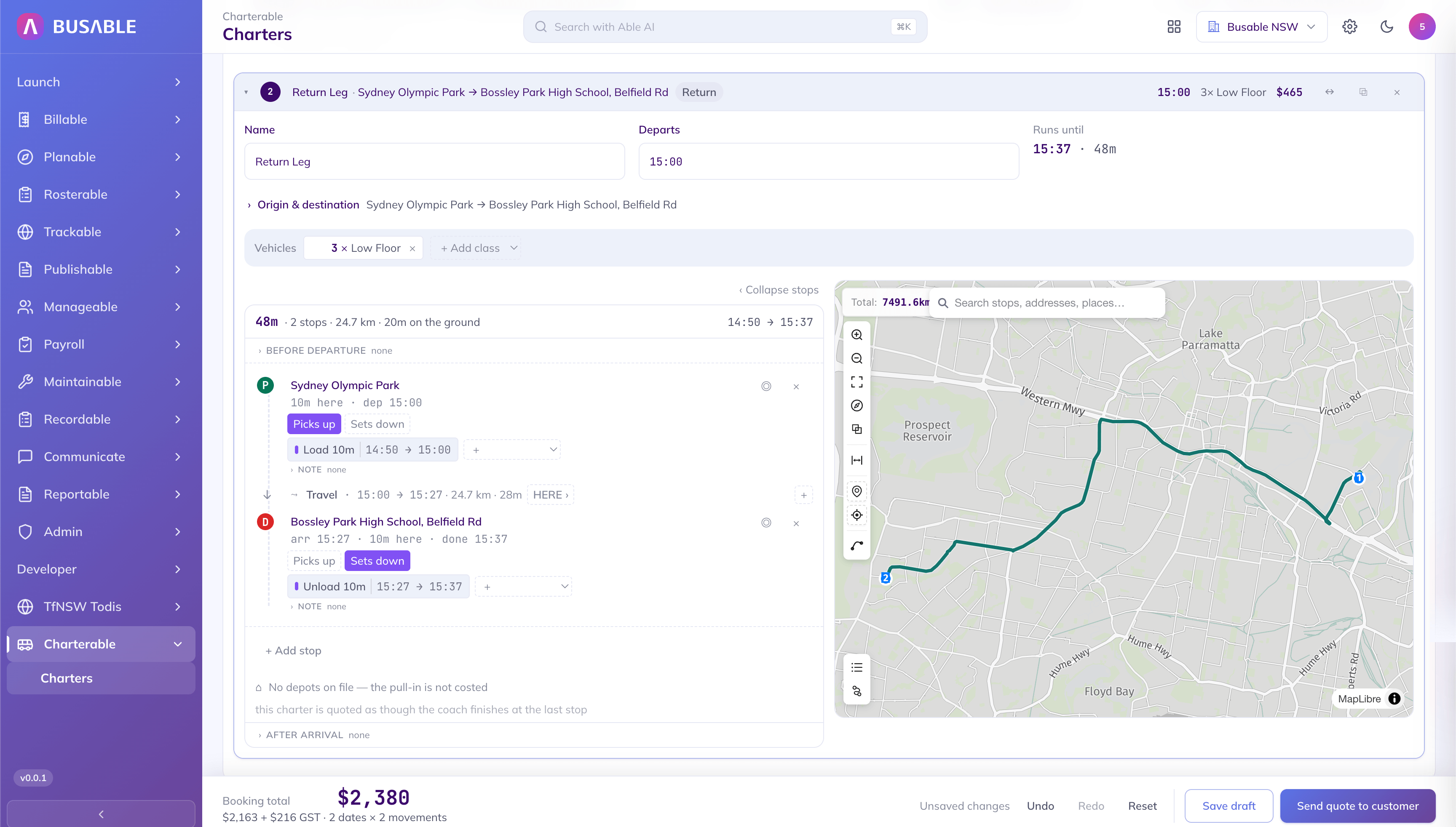 The return movement expanded, running Sydney Olympic Park to Bossley Park High School with three low-floor vehicles, a 24.7 km stop list from 15:00 to 15:37, and the route drawn on a map
