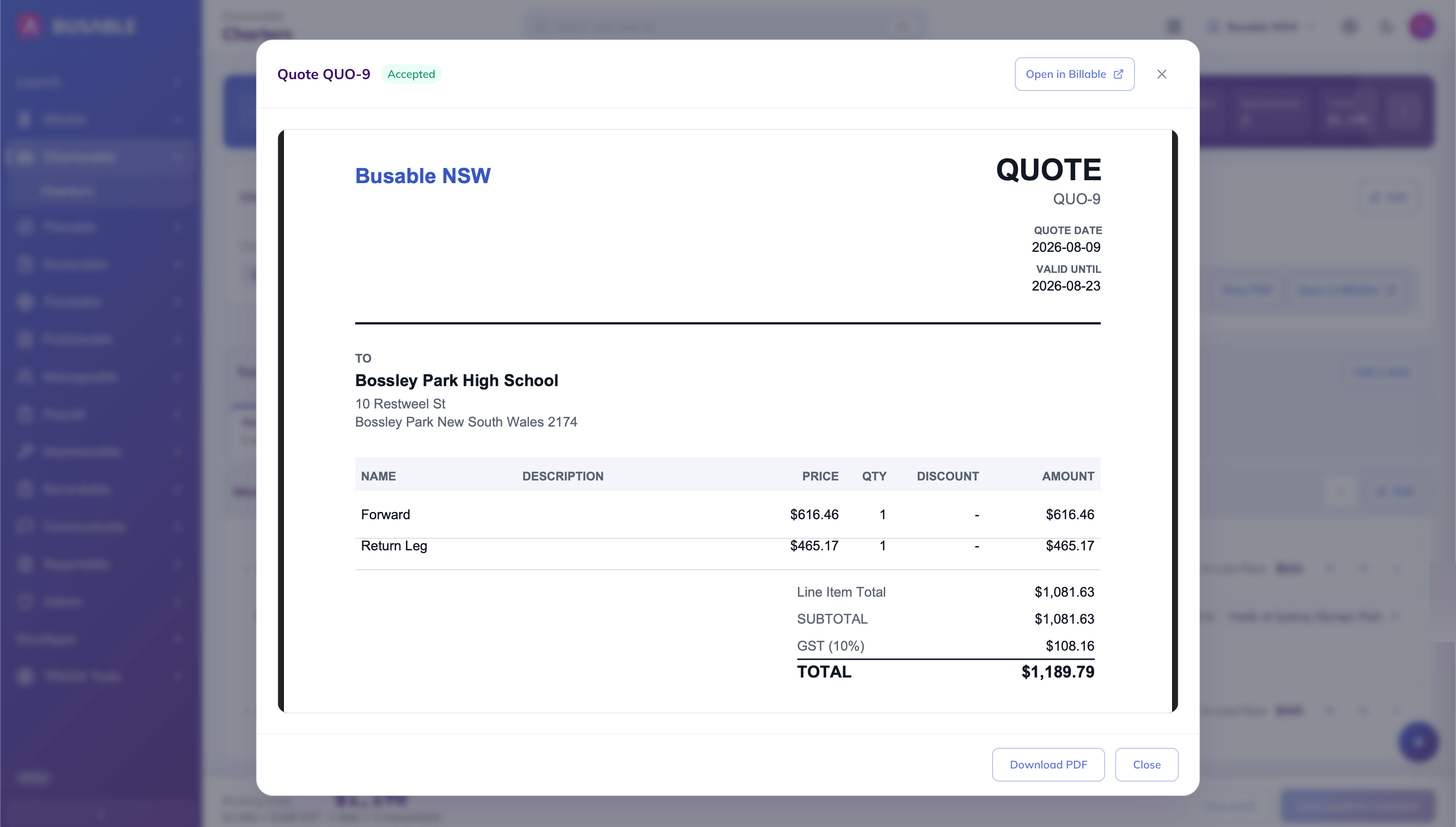 Quote QUO-9 marked accepted, on Busable NSW letterhead addressed to Bossley Park High School, listing Forward at $616.46 and Return Leg at $465.17 for a $1,081.63 subtotal, $108.16 GST and a $1,189.79 total, dated 9 August 2026 and valid until 23 August, with Download PDF and Open in Billable buttons