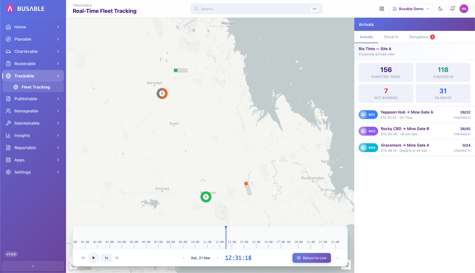 Arrivals view for the client site - expected, checked-in, not-boarded, and on-the-way counts