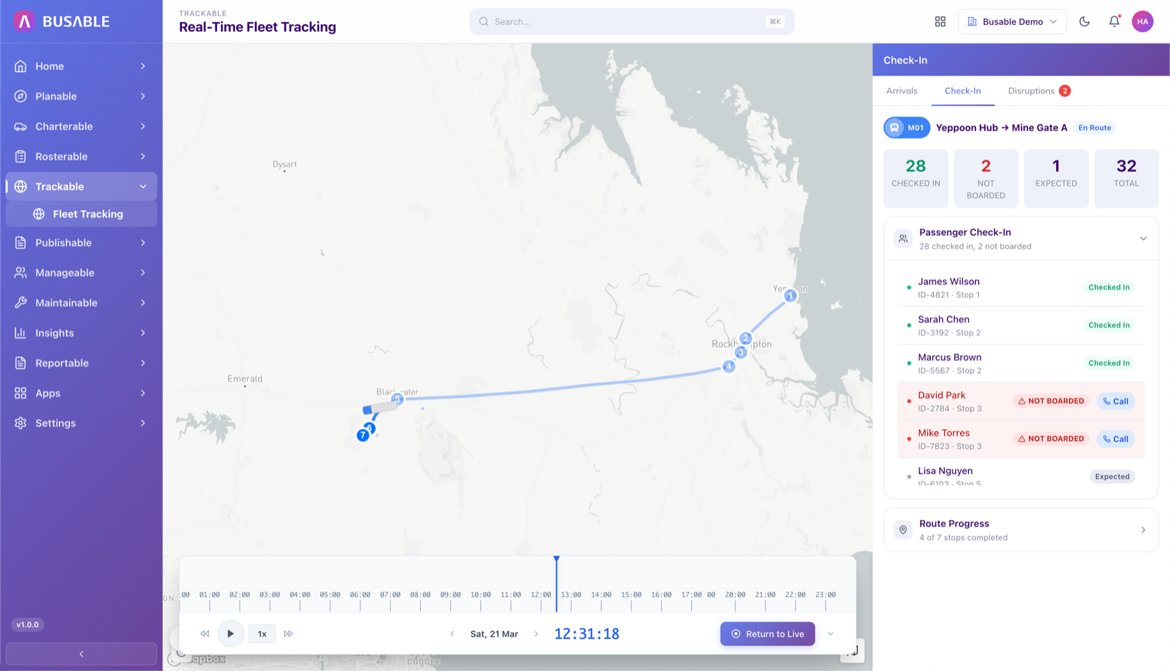 Service check-in - named passenger list with who's scanned on and route progress