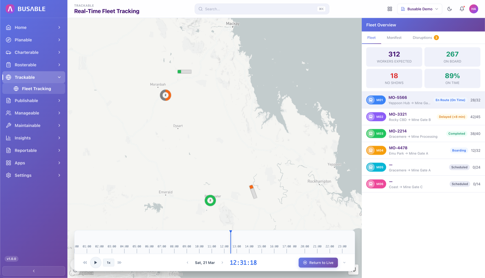 Fleet map with every bus, boarding counts, and on-time figures