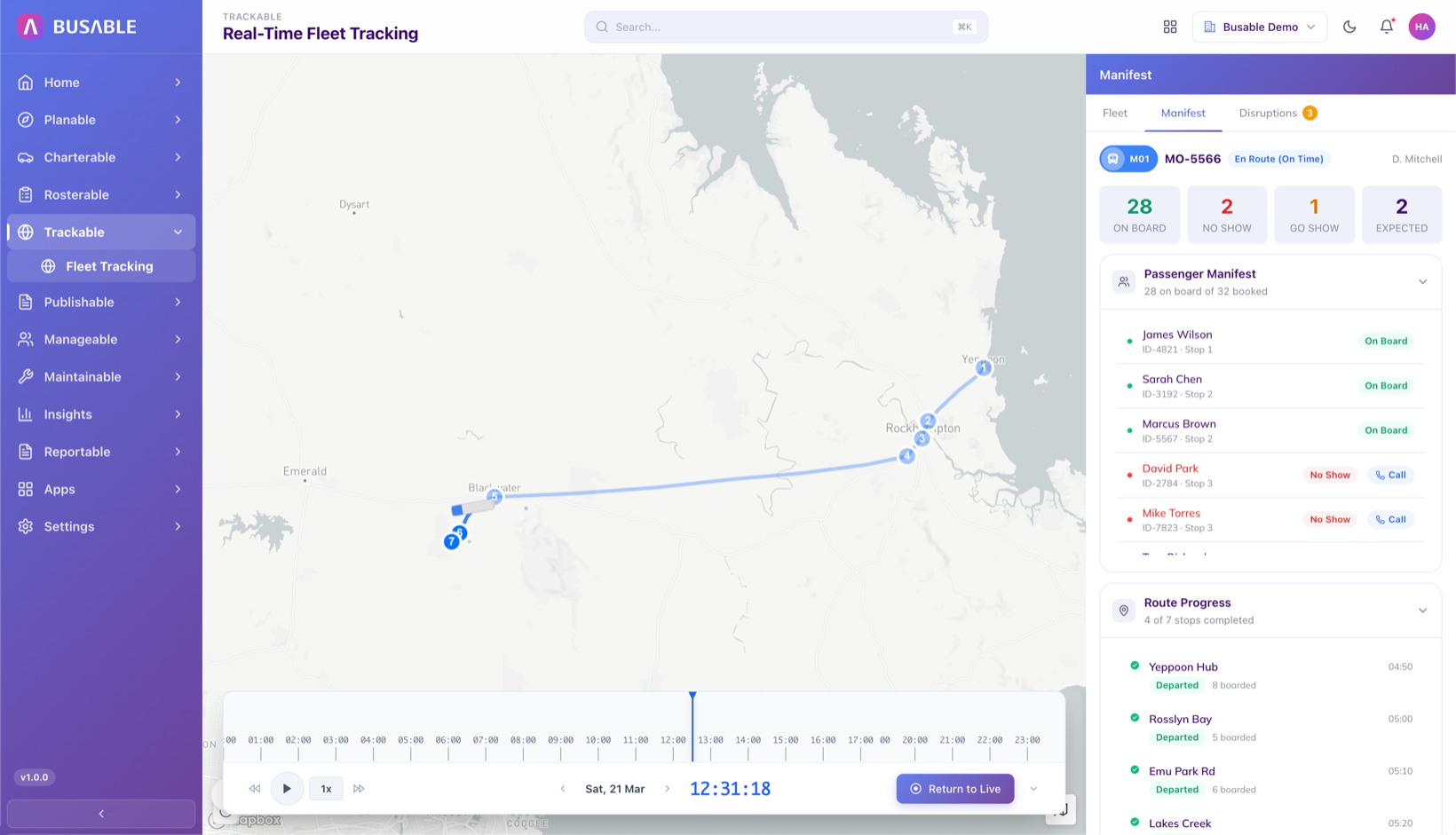 Bus manifest - who's on board, who isn't, and which stops are done