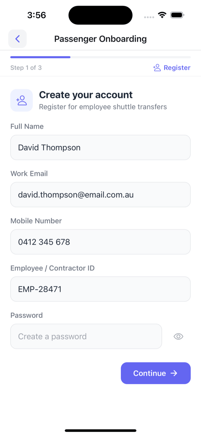 Sign-up form with name, work email, and employee ID