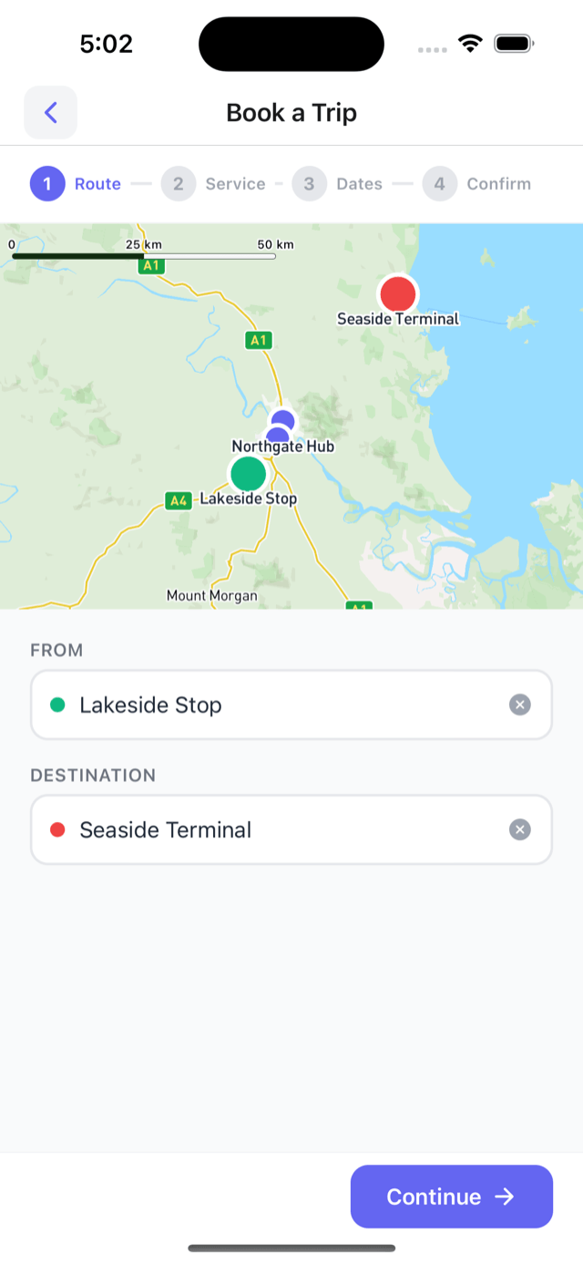 Book a trip - map showing the stop and destination
