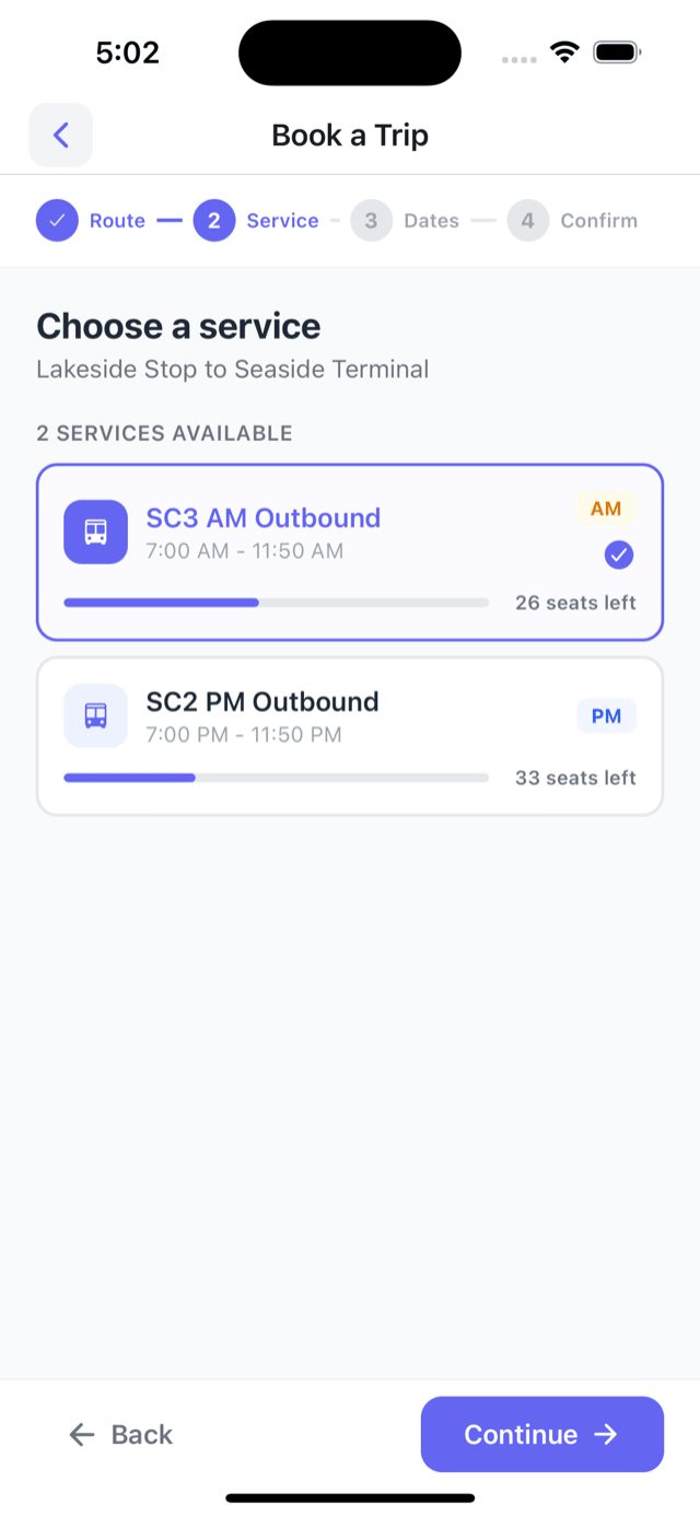 Choose a service - available buses with seats left shown