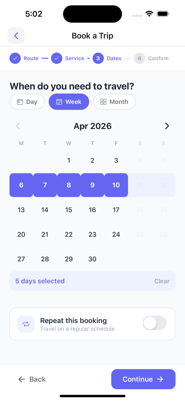 Pick the days - calendar with a repeat toggle