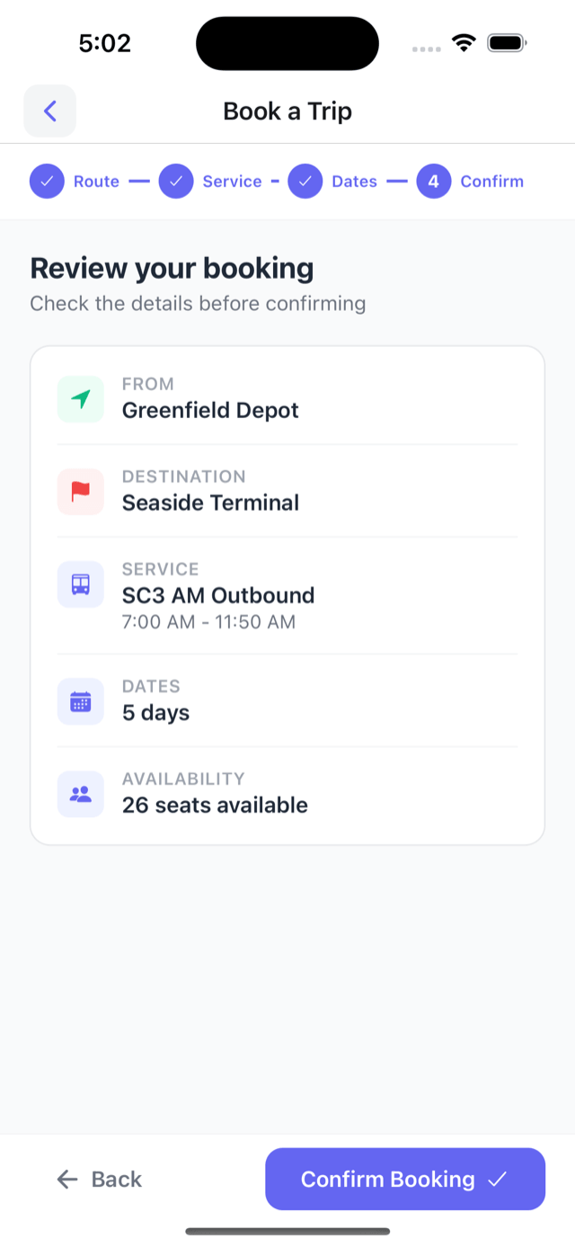 Check and confirm - summary of service, days, and seats