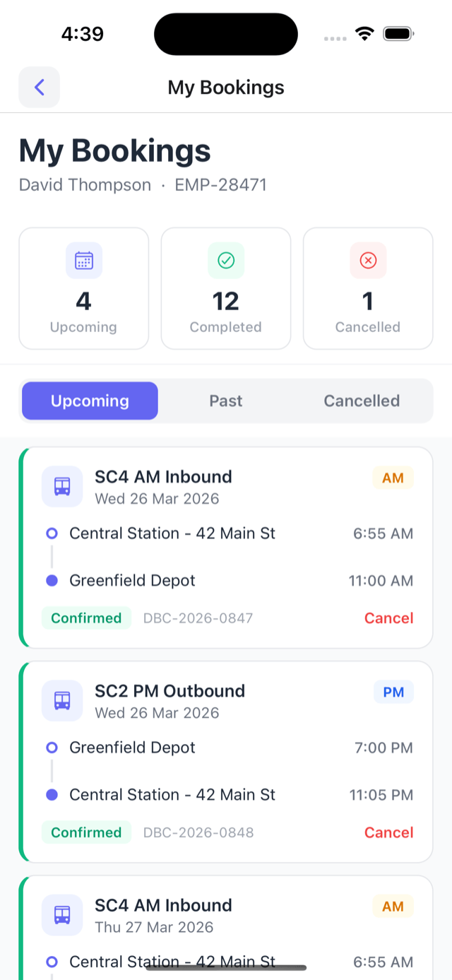 Upcoming trips with service, stops, times, and reference numbers