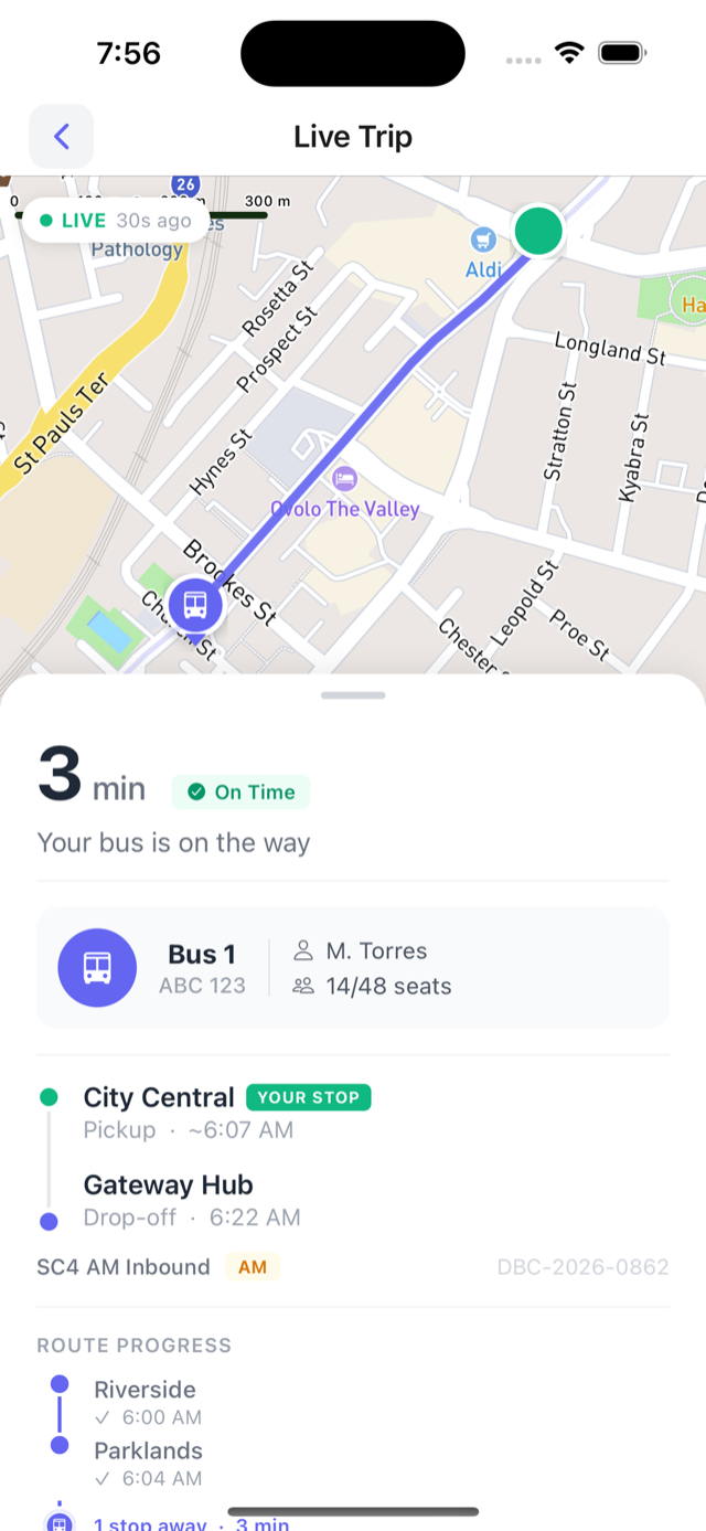 Live trip - bus on the map with stop-by-stop progress and minutes away