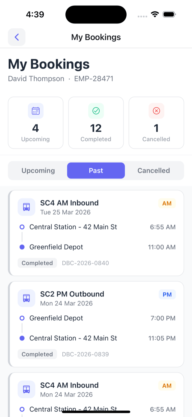 Past trips - completed rides with service and times