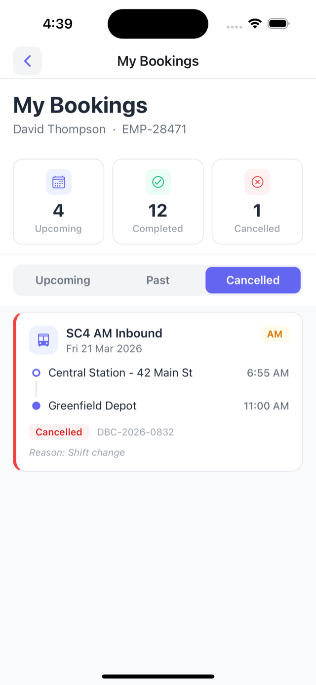 Cancelled trip with the reason shown