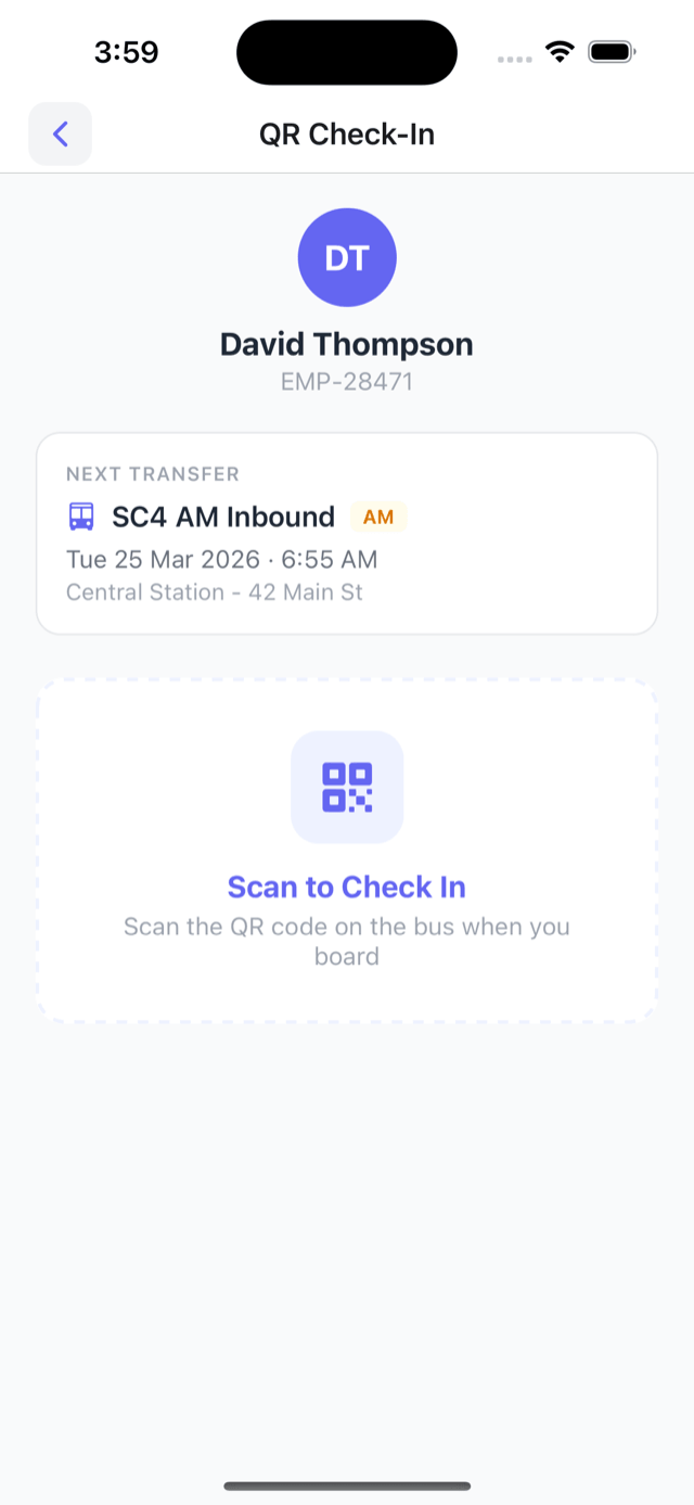 Check-in screen with the next trip and a scan button