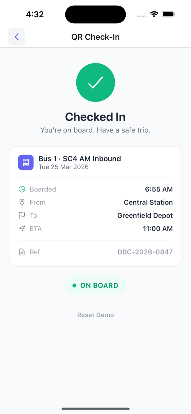 On board - check-in confirmed with the trip logged