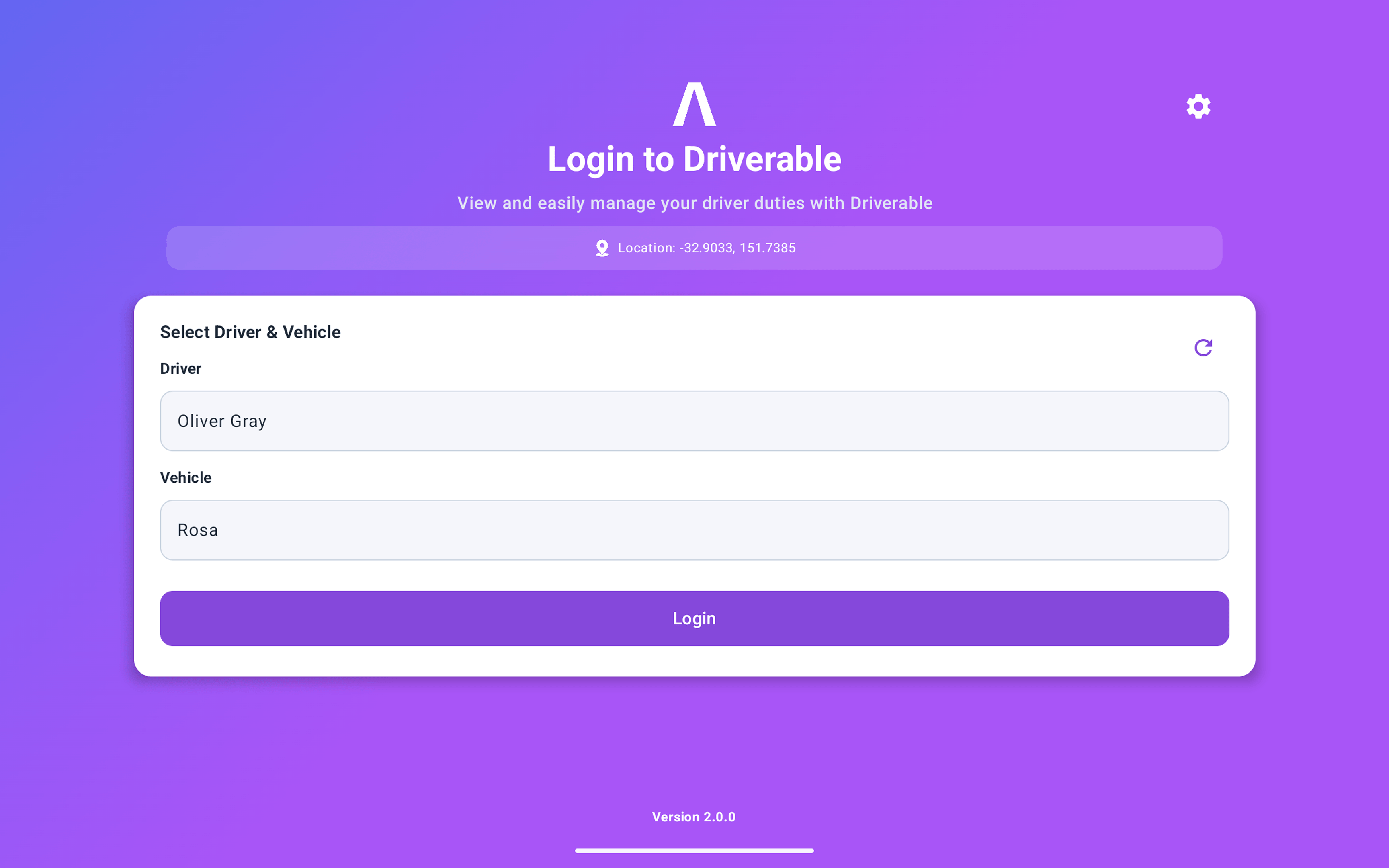 Login to Driverable - driver and vehicle selection from roster