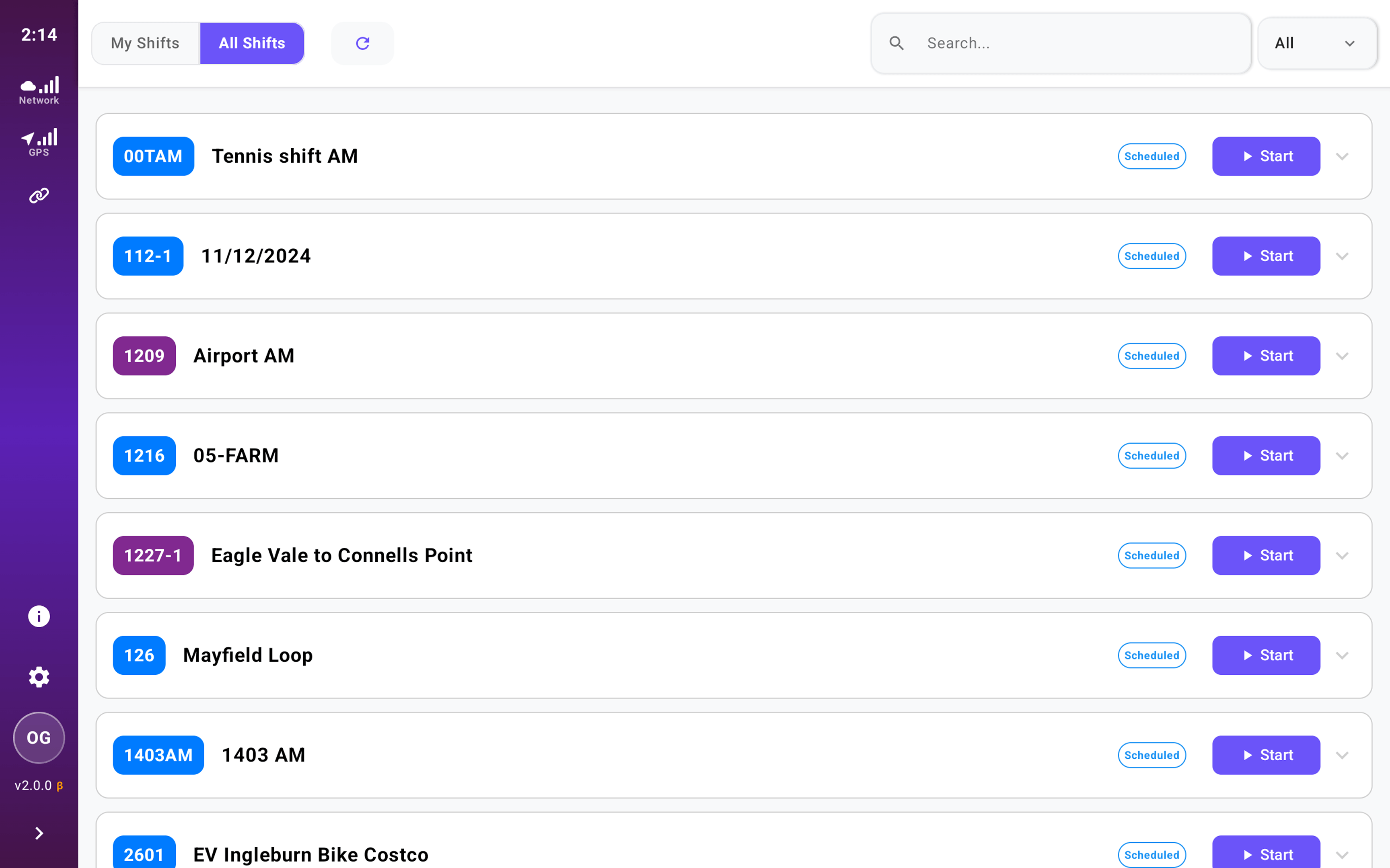 Shift list - all available shifts with route codes and start buttons