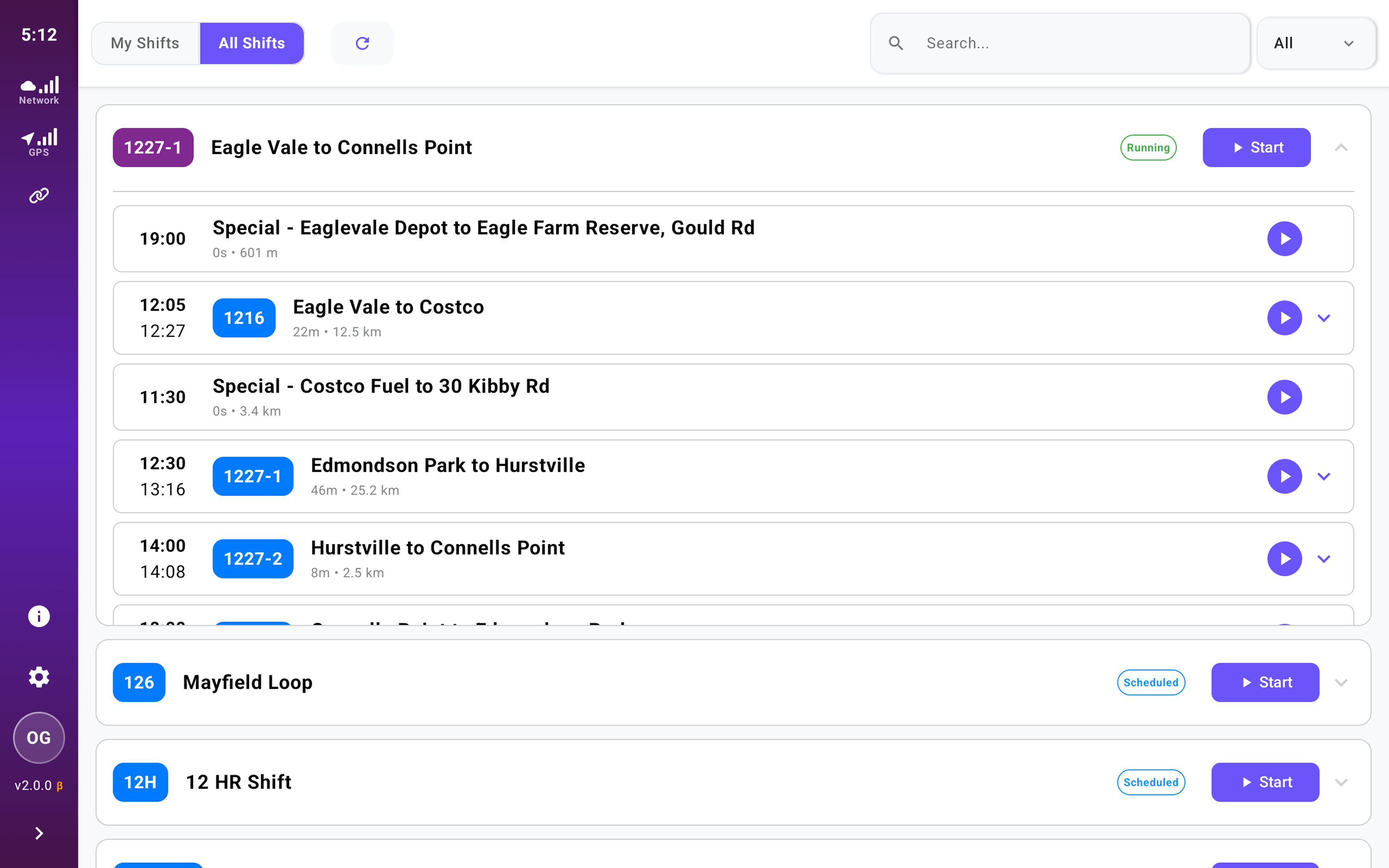 Expanded shift view - individual services with departure times and distances