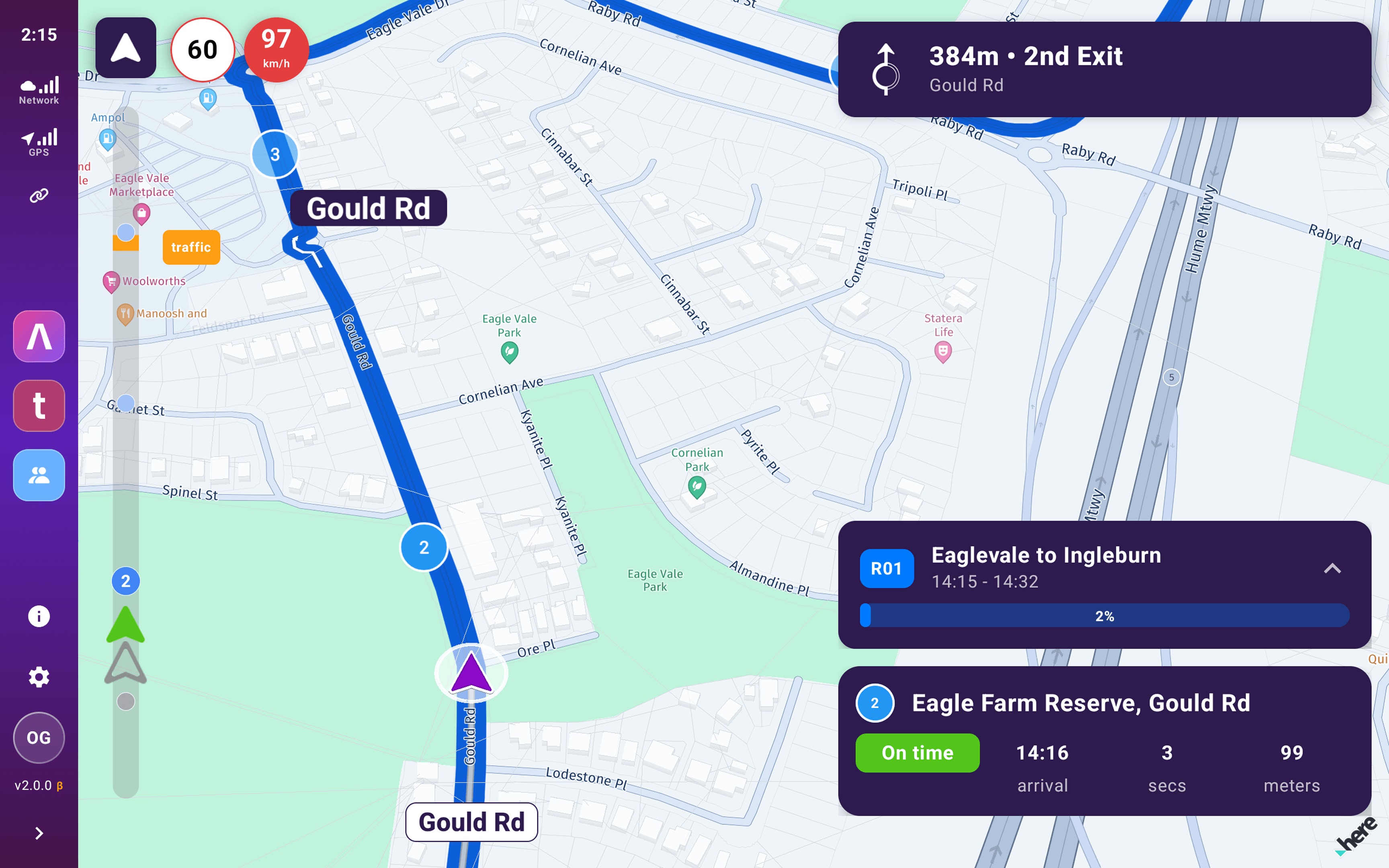 Driverable navigation on a tablet: a map with the route highlighted, a turn instruction reading 384 metres to the second exit onto Gould Rd, the current route and the next stop with its arrival time and on-time status