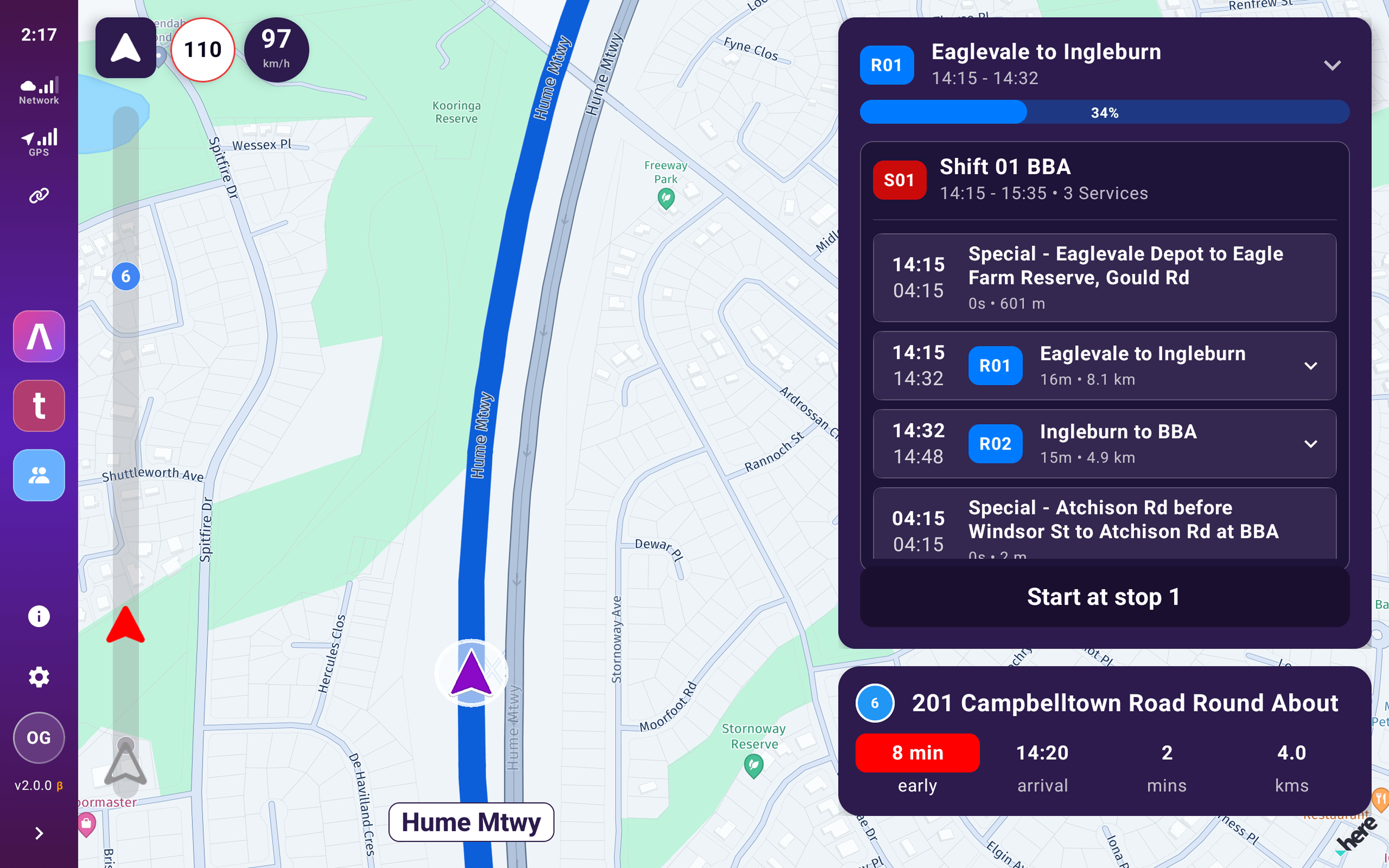Route overview - map with shift service list showing routes, times, and distances