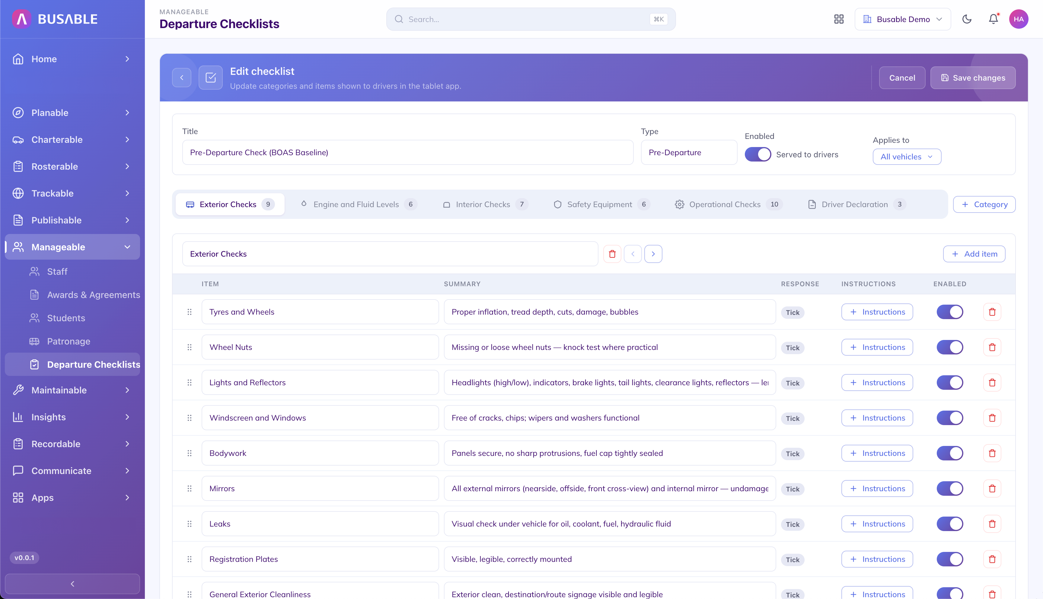Departure checklist builder in the Manageable dashboard - editing a pre-departure BOAS checklist with categorised items, driver responses, and enable toggles