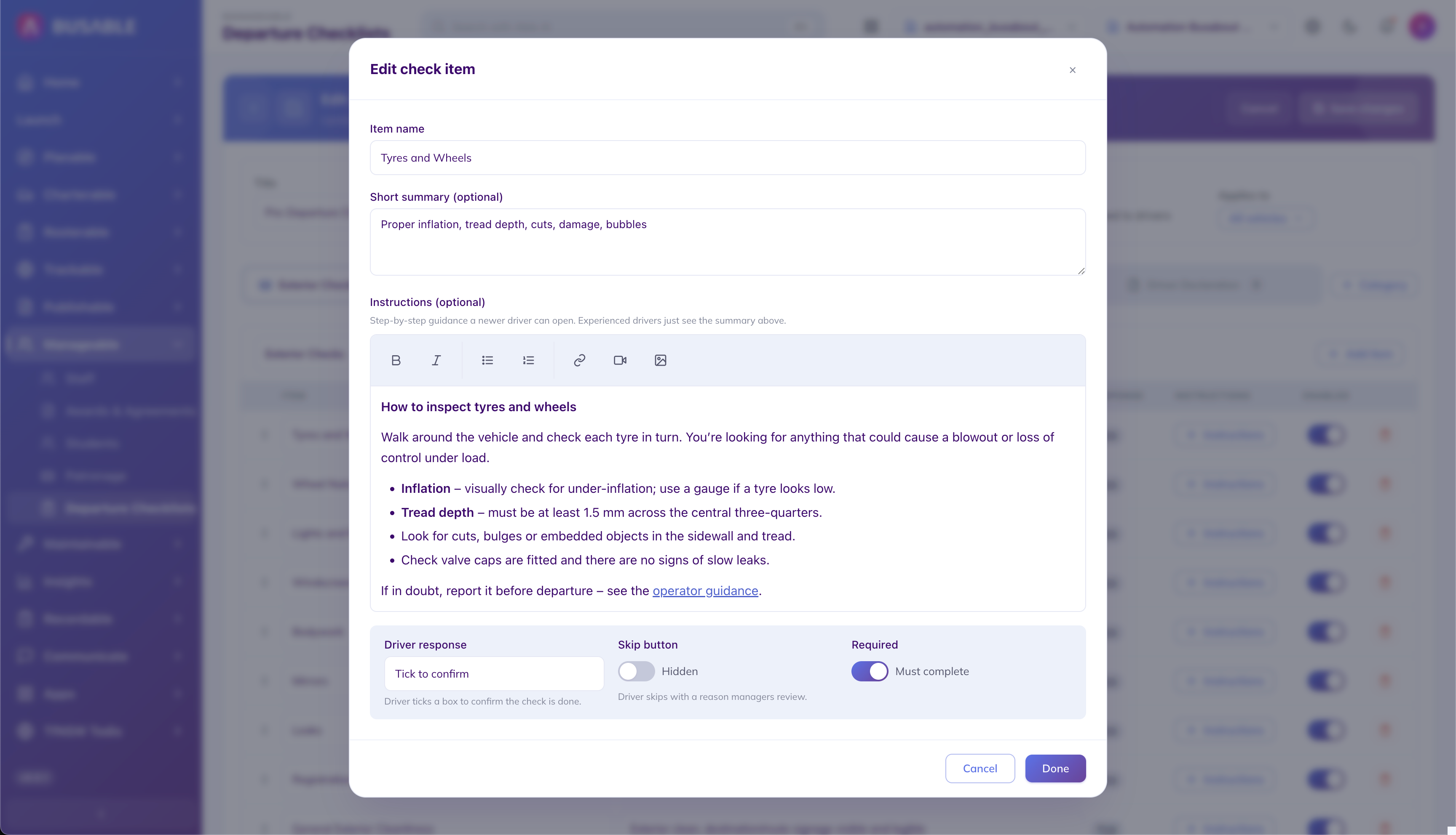 Edit check item dialog - item name, short summary, step-by-step inspection instructions, driver response type, and required toggle