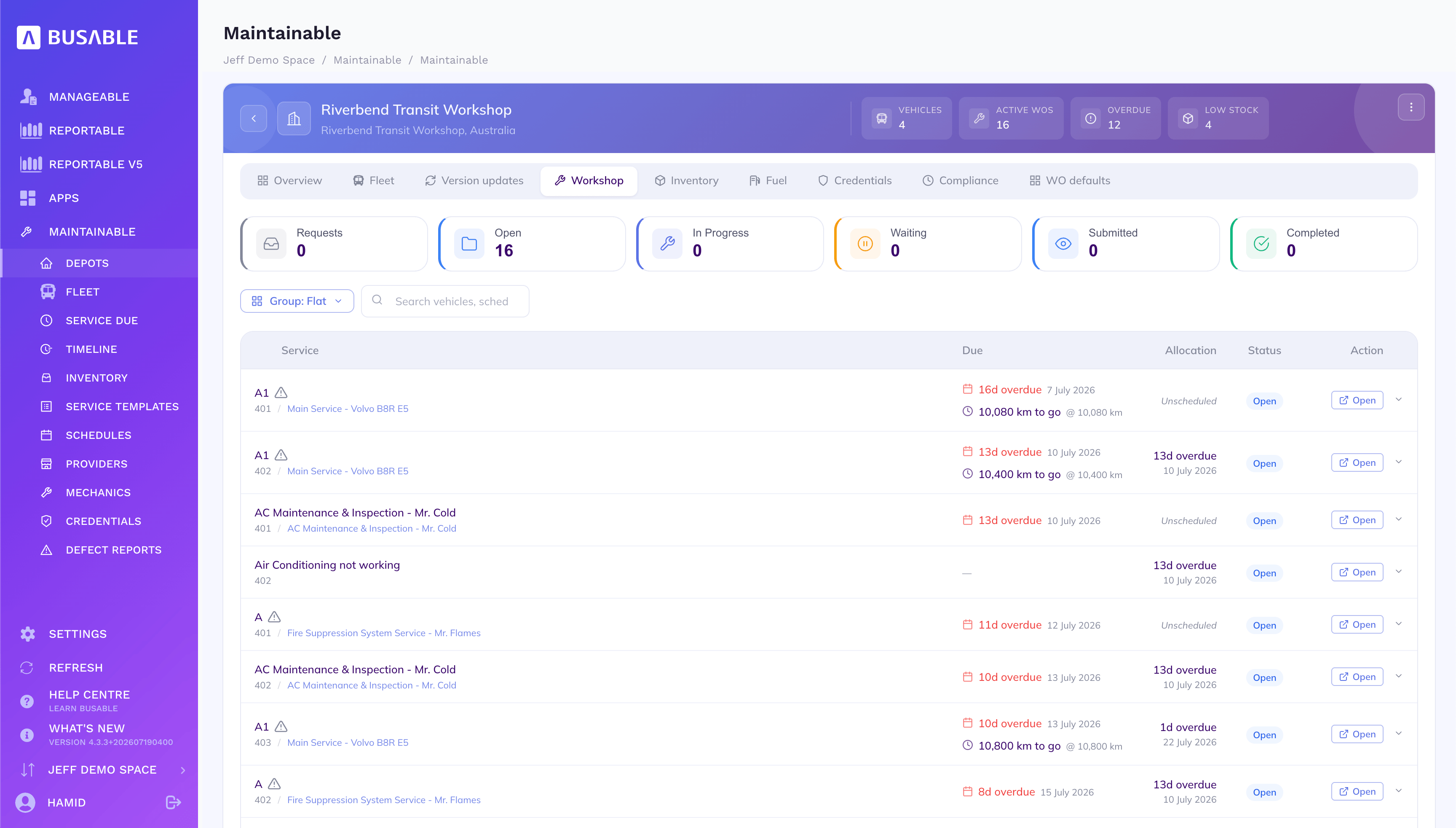 Depot workshop tab with the work order pipeline and a list of open services