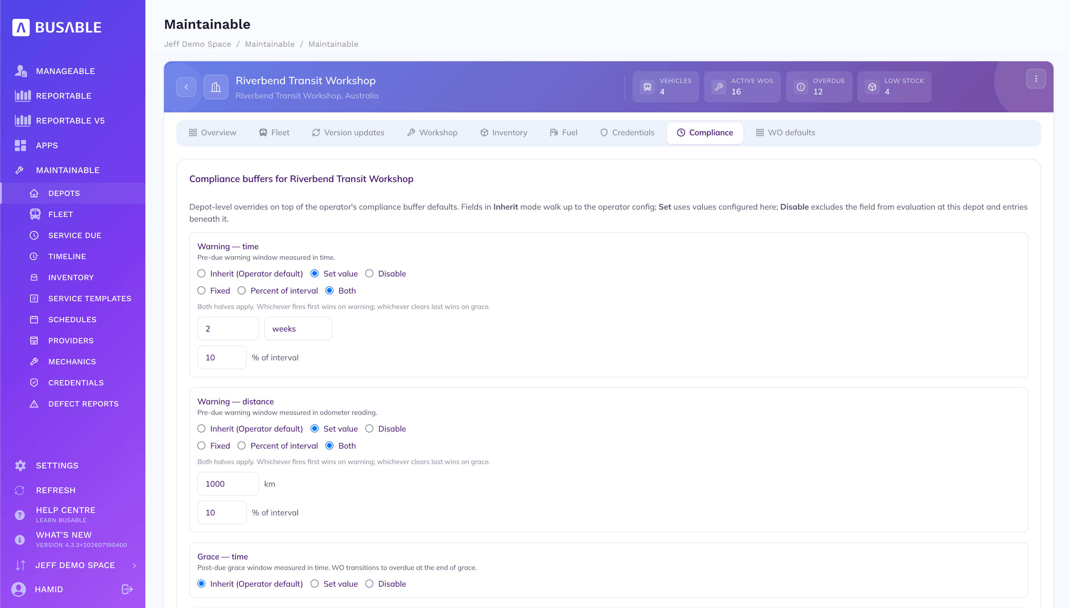 Depot compliance tab with warning and grace buffers by time and distance