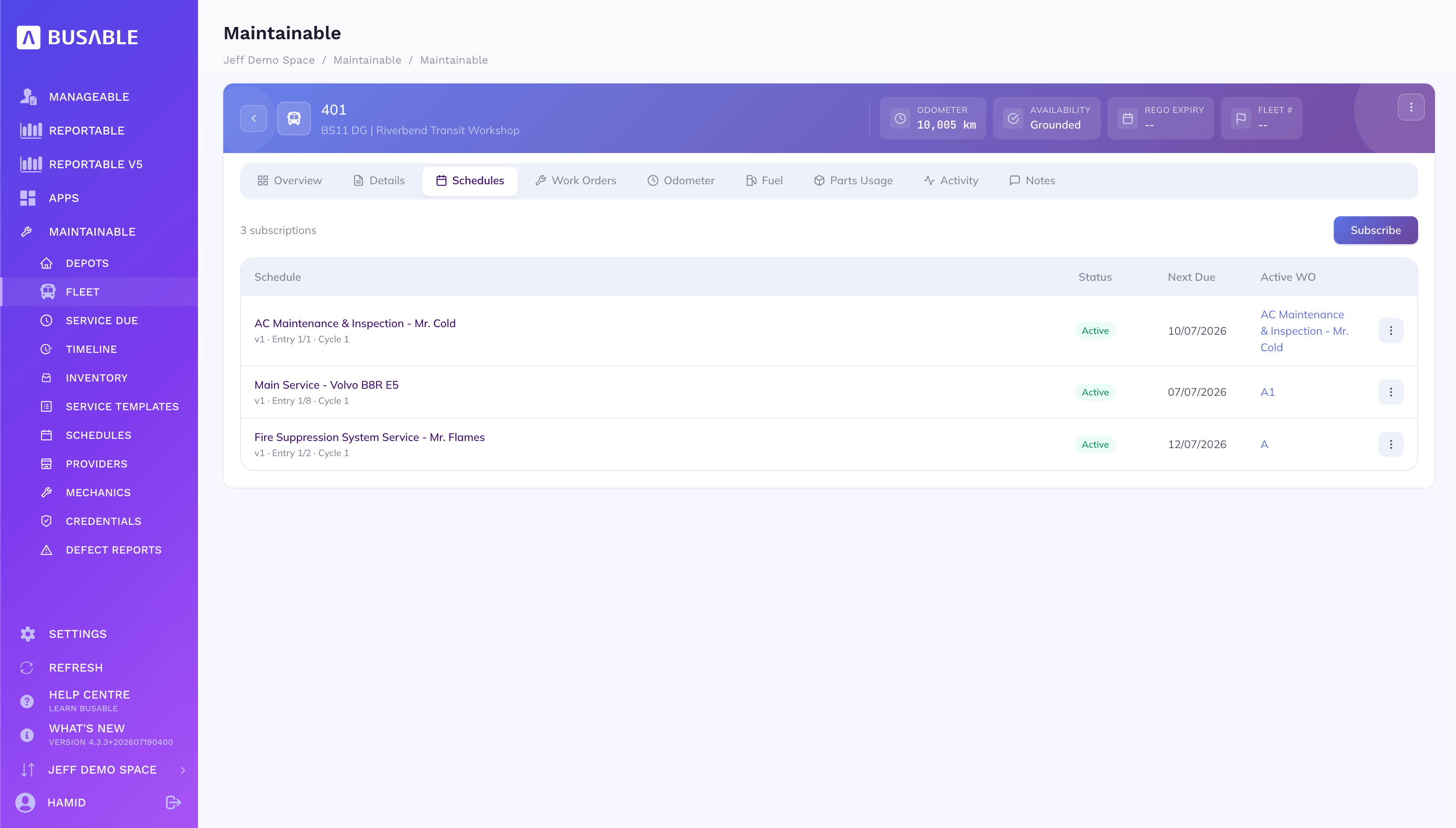Vehicle schedules tab listing subscribed services with status, next due and active work order