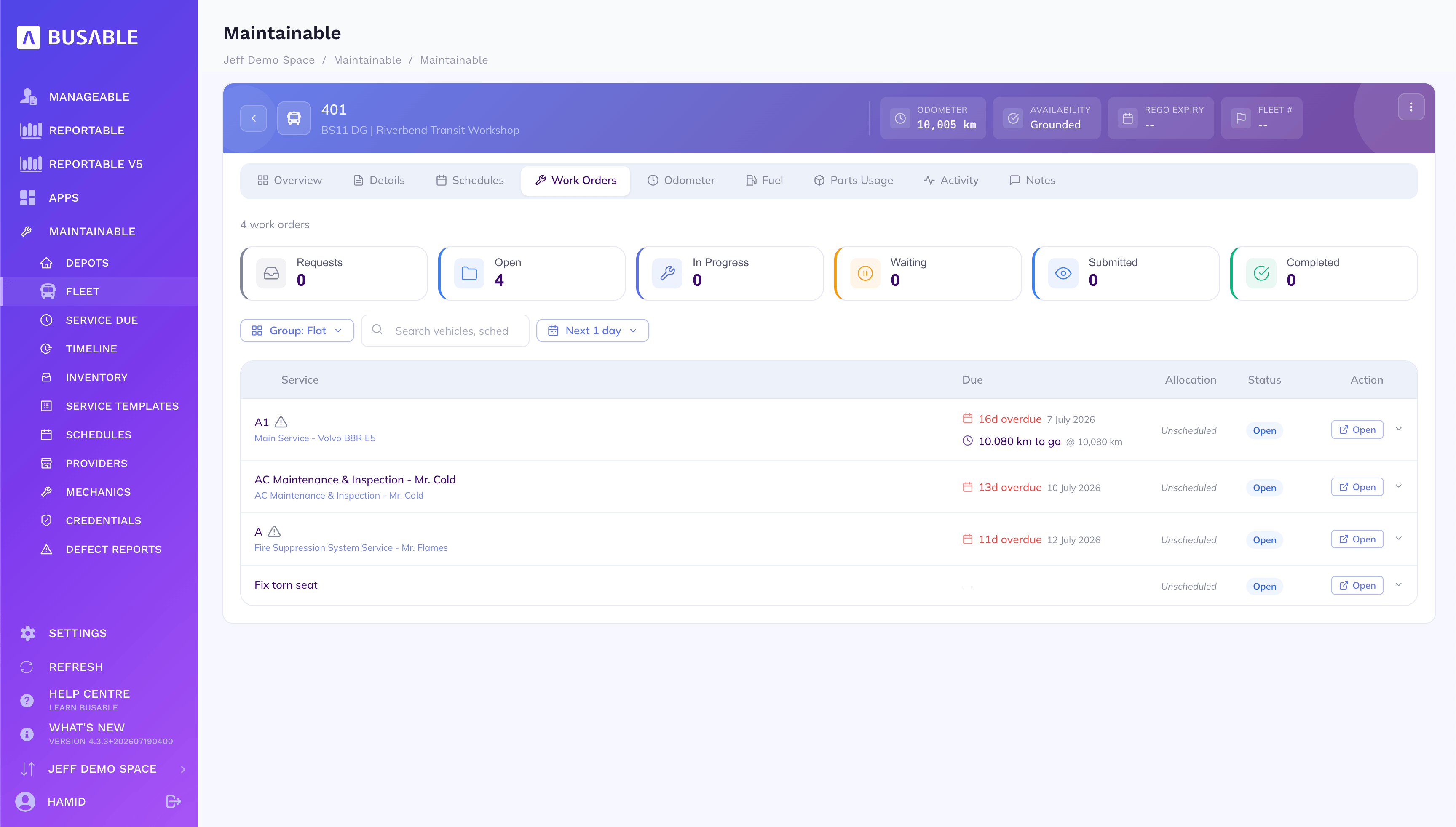 Vehicle work orders tab with the pipeline and a list of open jobs