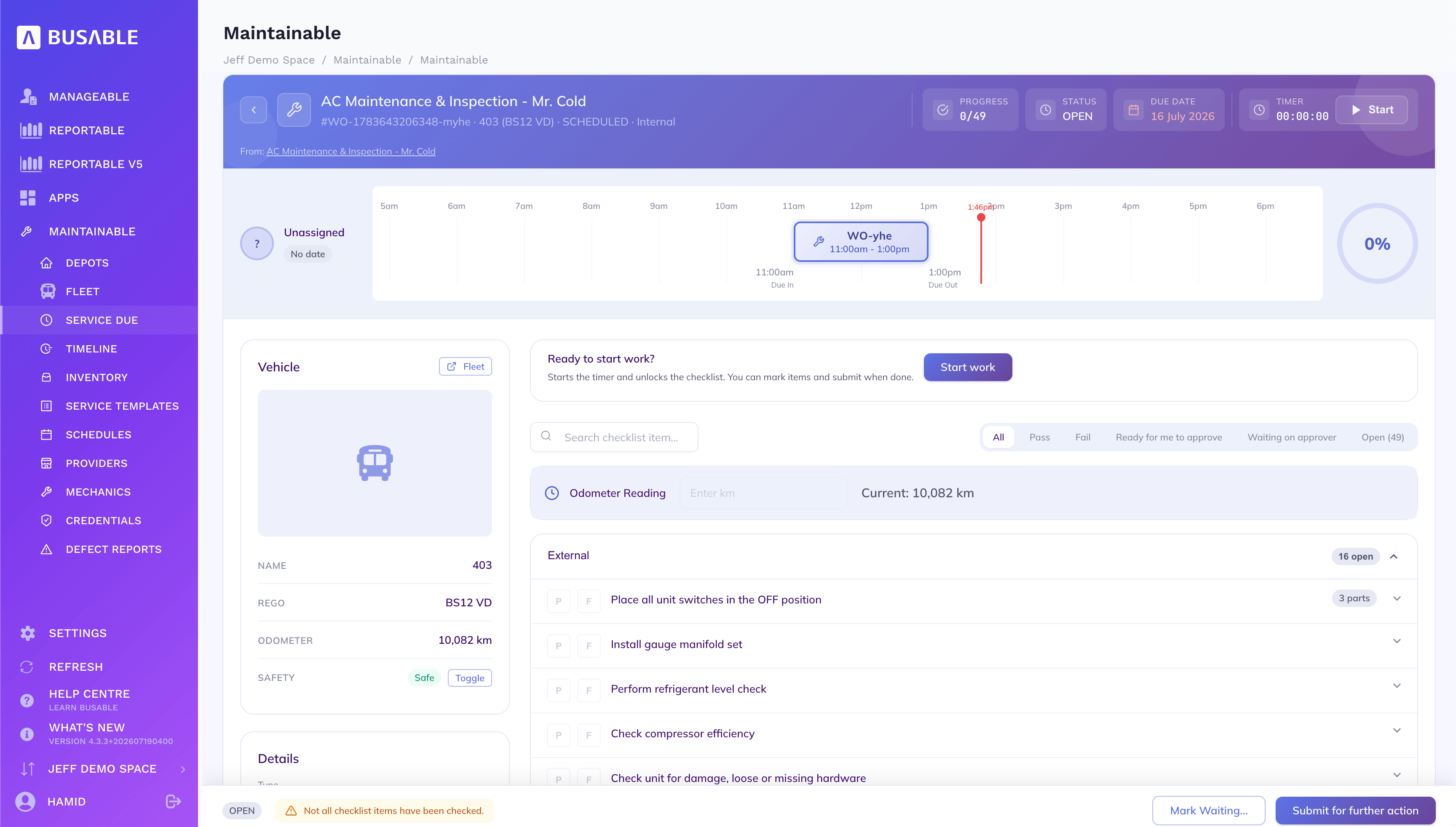 Work order job card with a pass or fail checklist, timer, odometer reading and parts