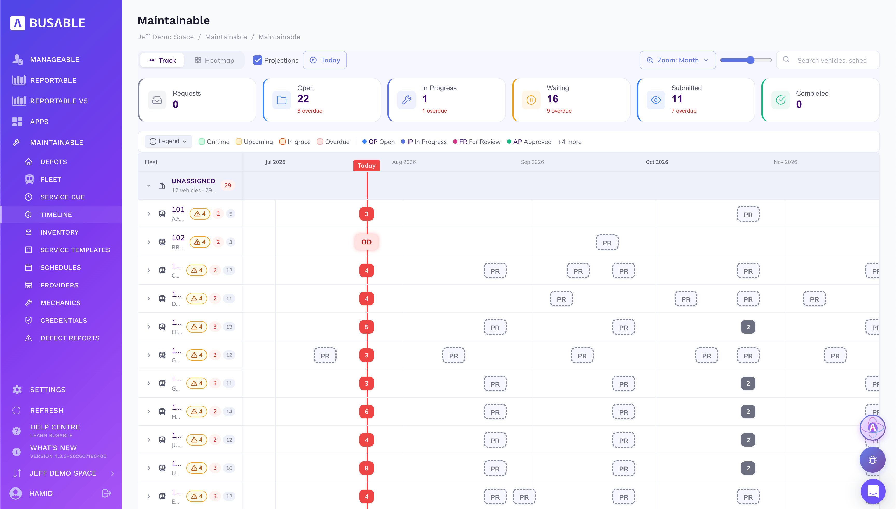 Maintenance timeline projecting each vehicle's services forward across months