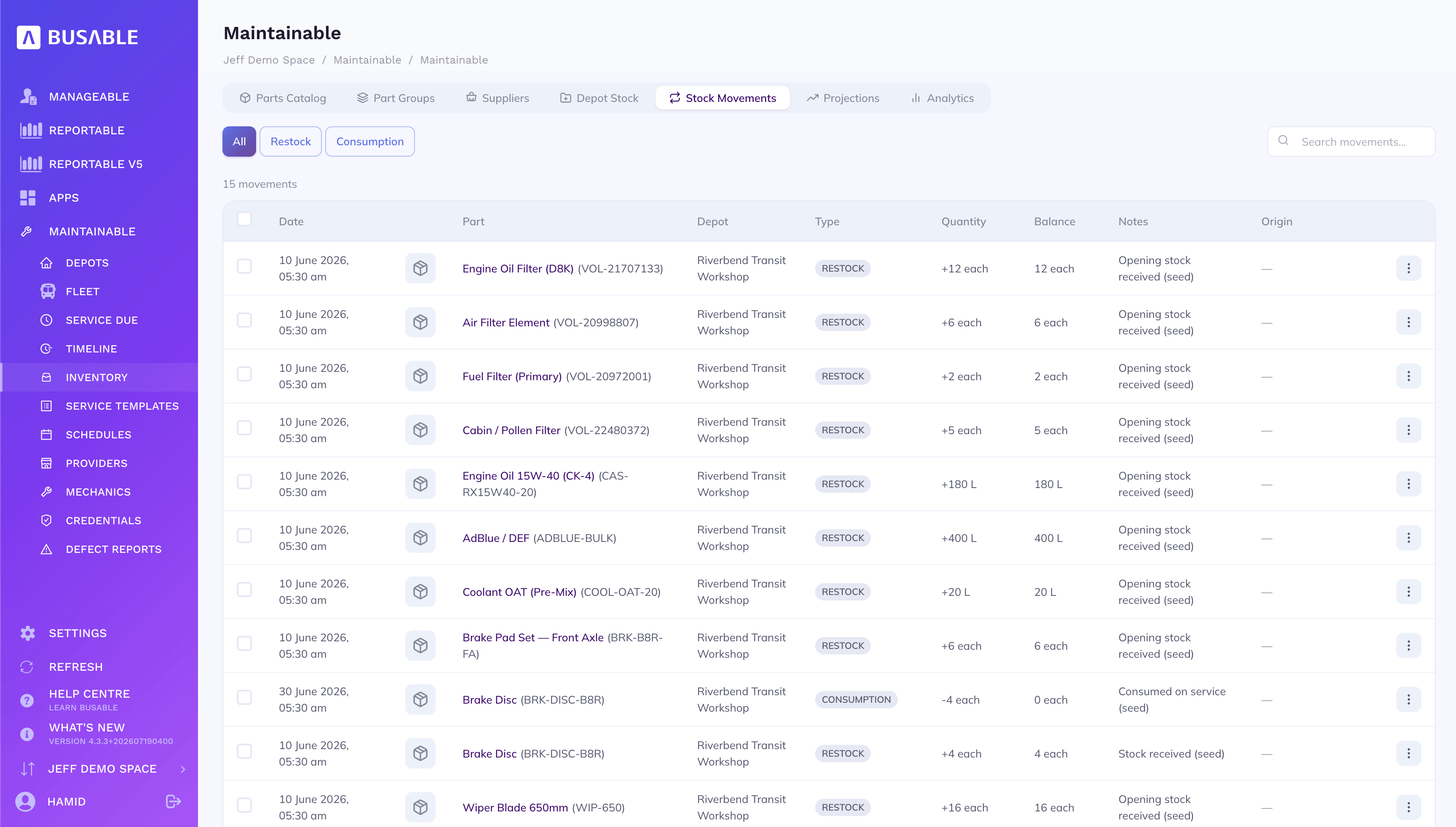 Inventory stock movements list with restock and consumption entries, quantity and running balance