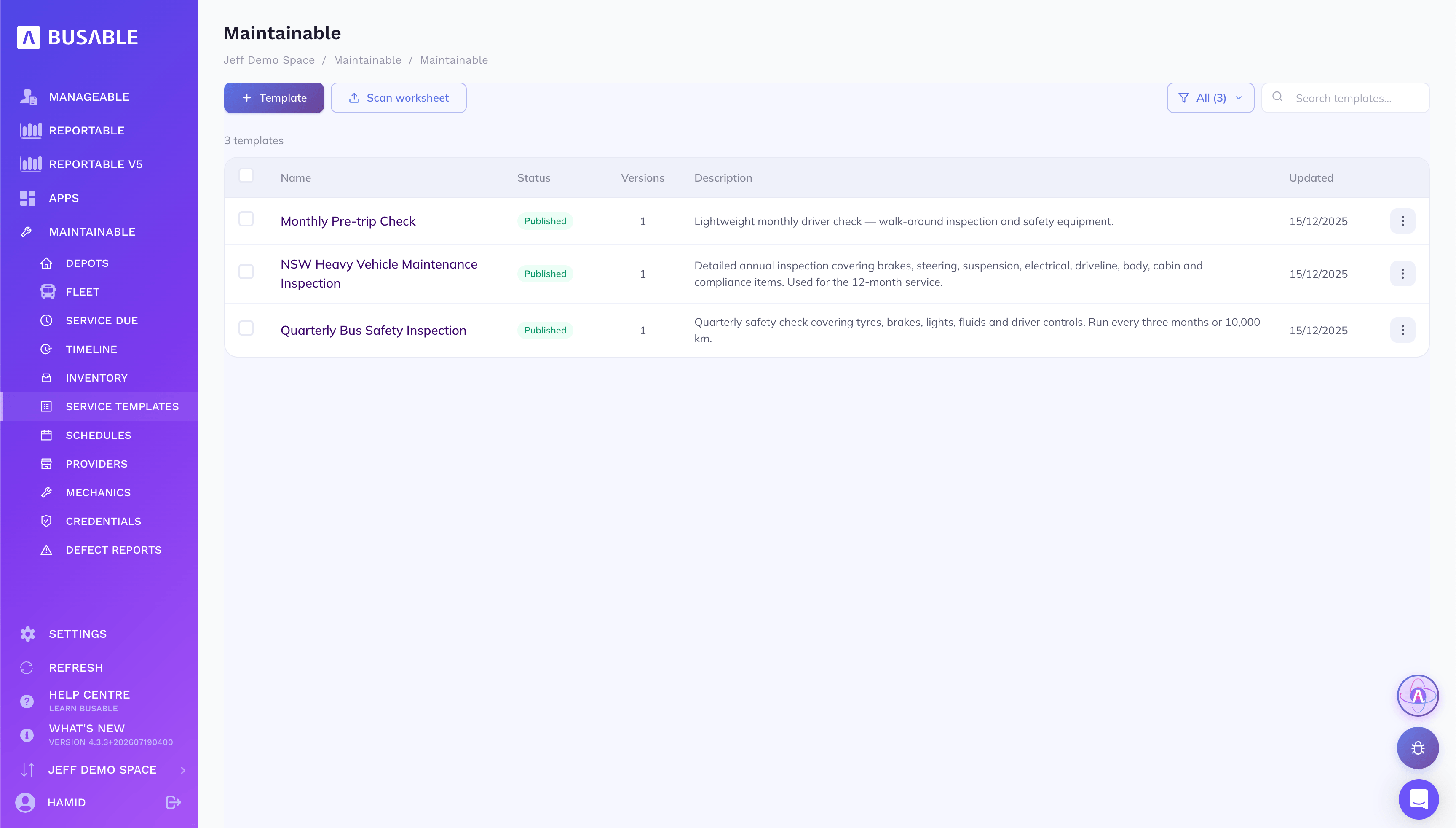 Service templates list with published inspection checklists and their descriptions
