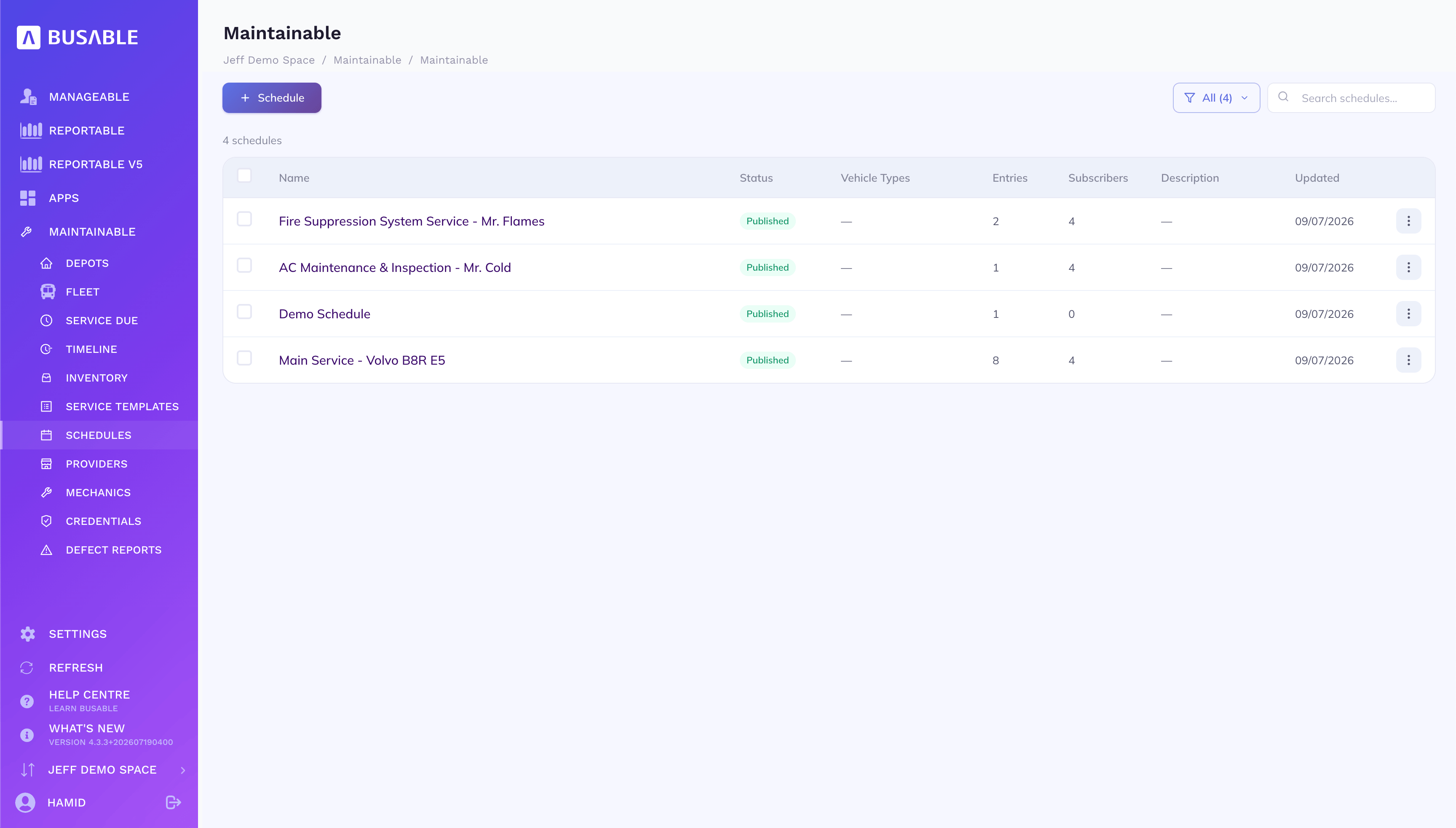 Schedules list with published service schedules, entries and subscriber counts