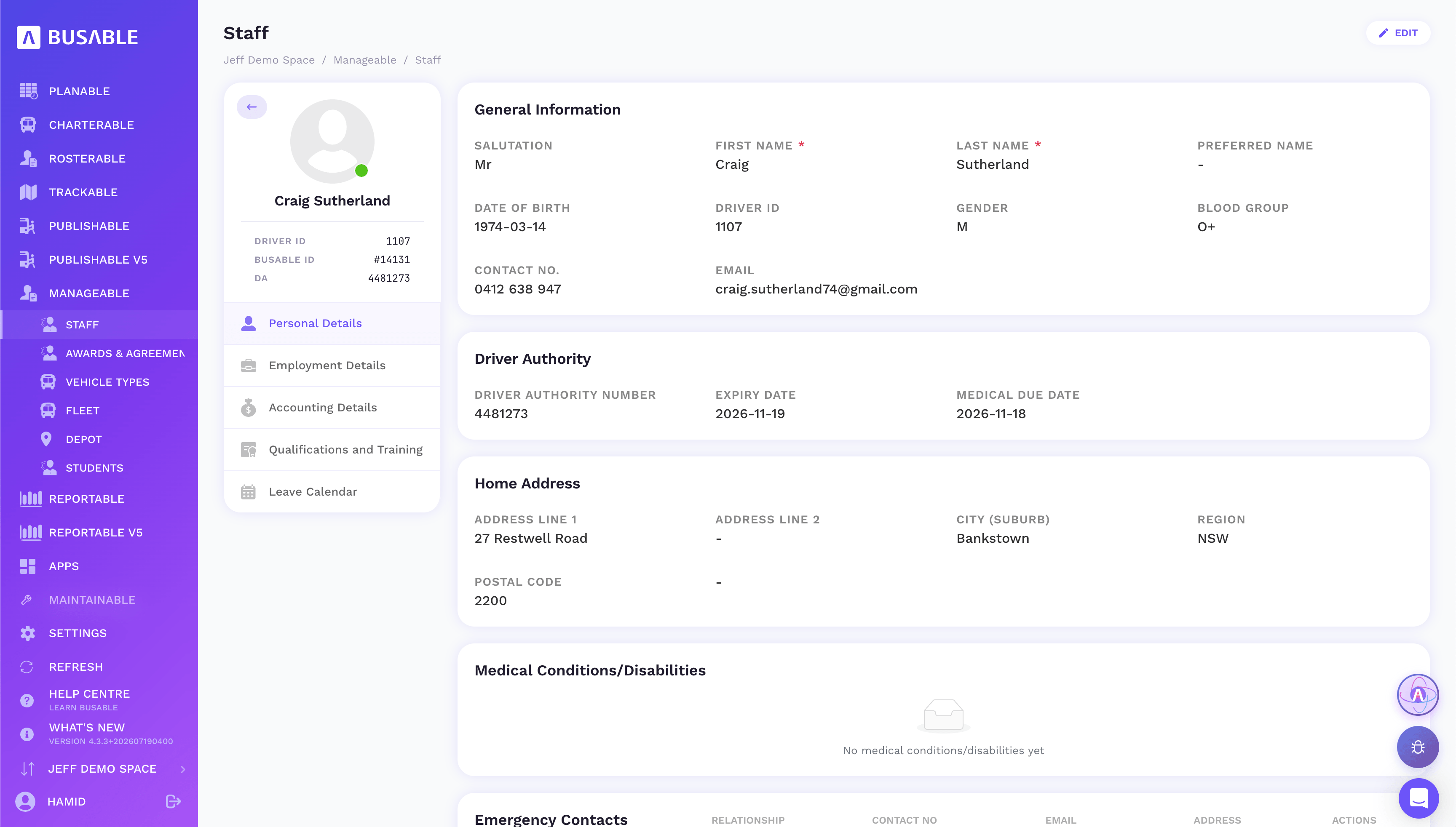 Employee record open on Personal Details, with general information, driver authority and home address
