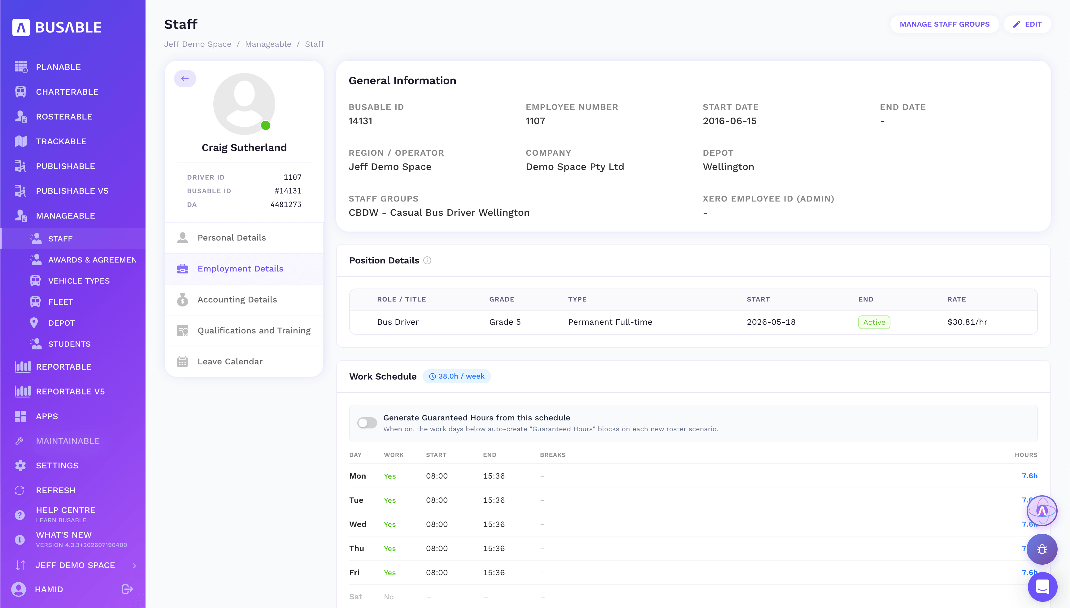 Employment Details tab with position, grade and rate and a weekly work schedule