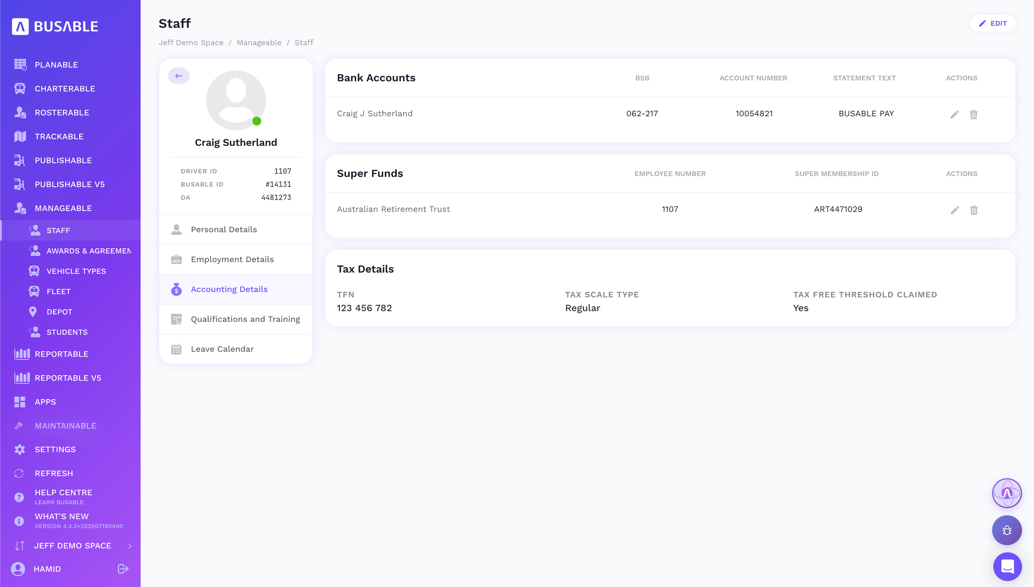 Accounting Details tab with bank accounts, super funds and tax details