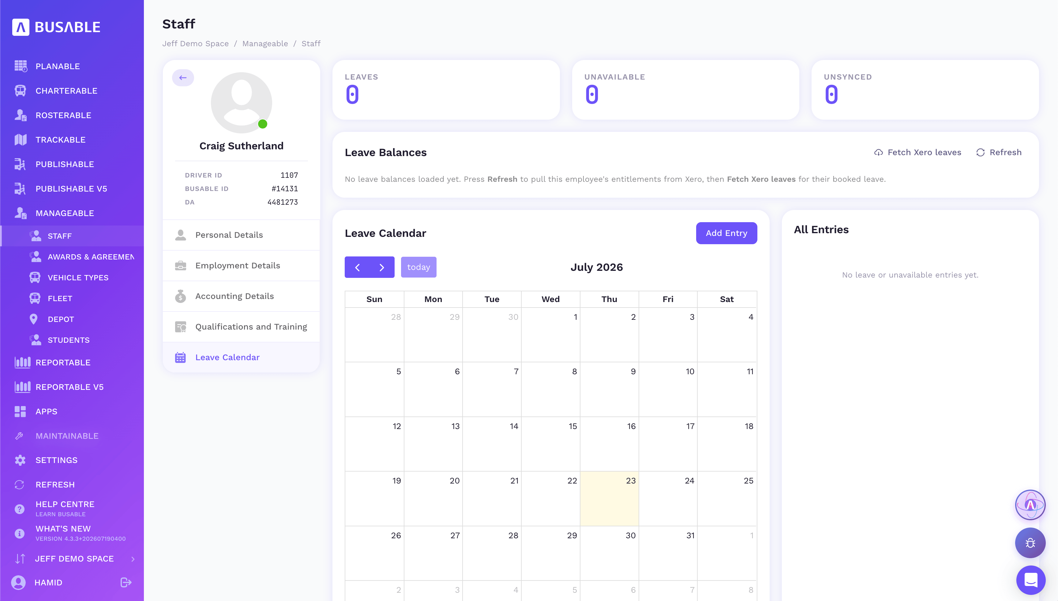 Leave Calendar tab with leave balances, a month calendar and entries