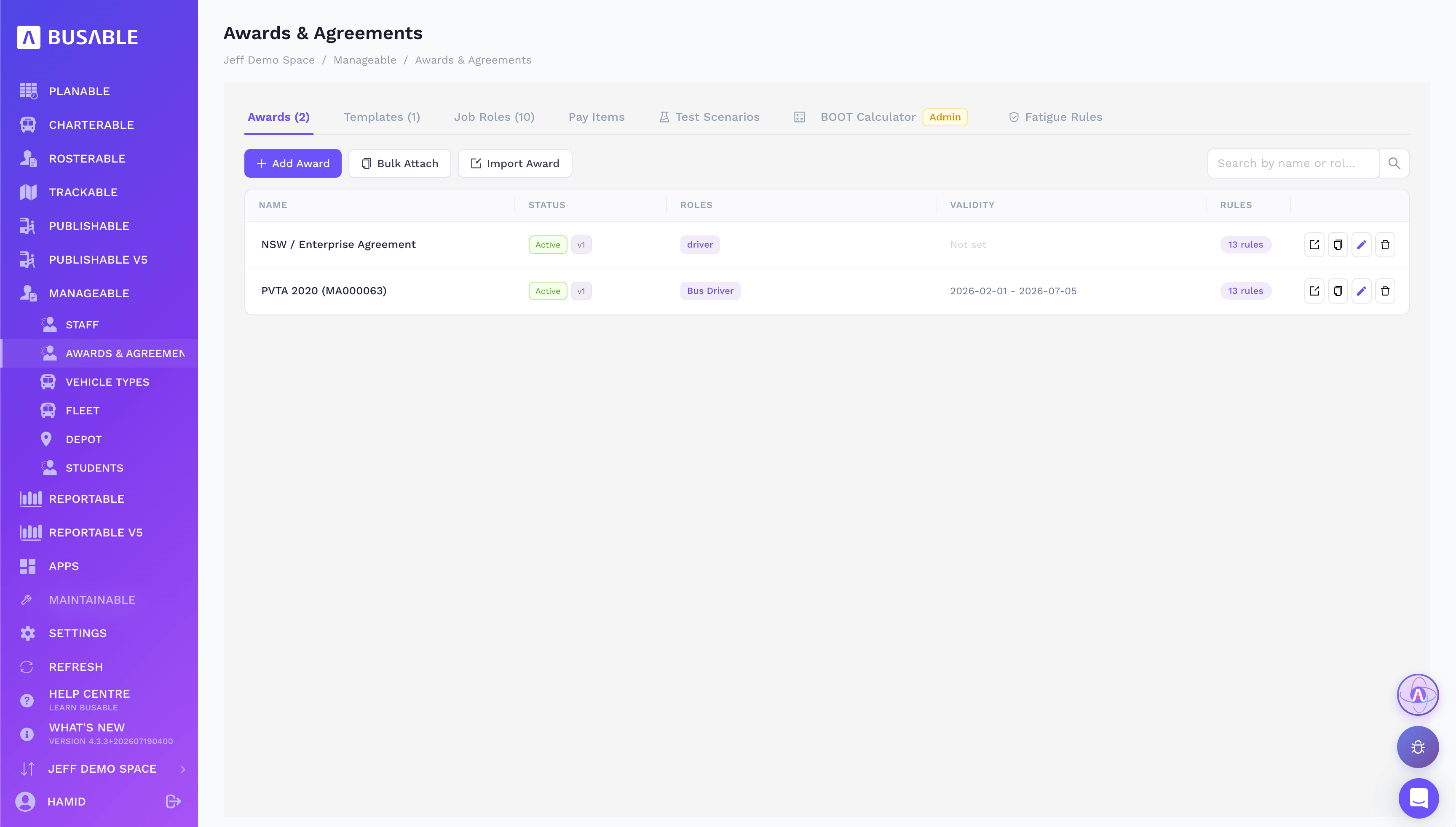 Awards and Agreements list with an enterprise agreement and a modern award, each active with rules