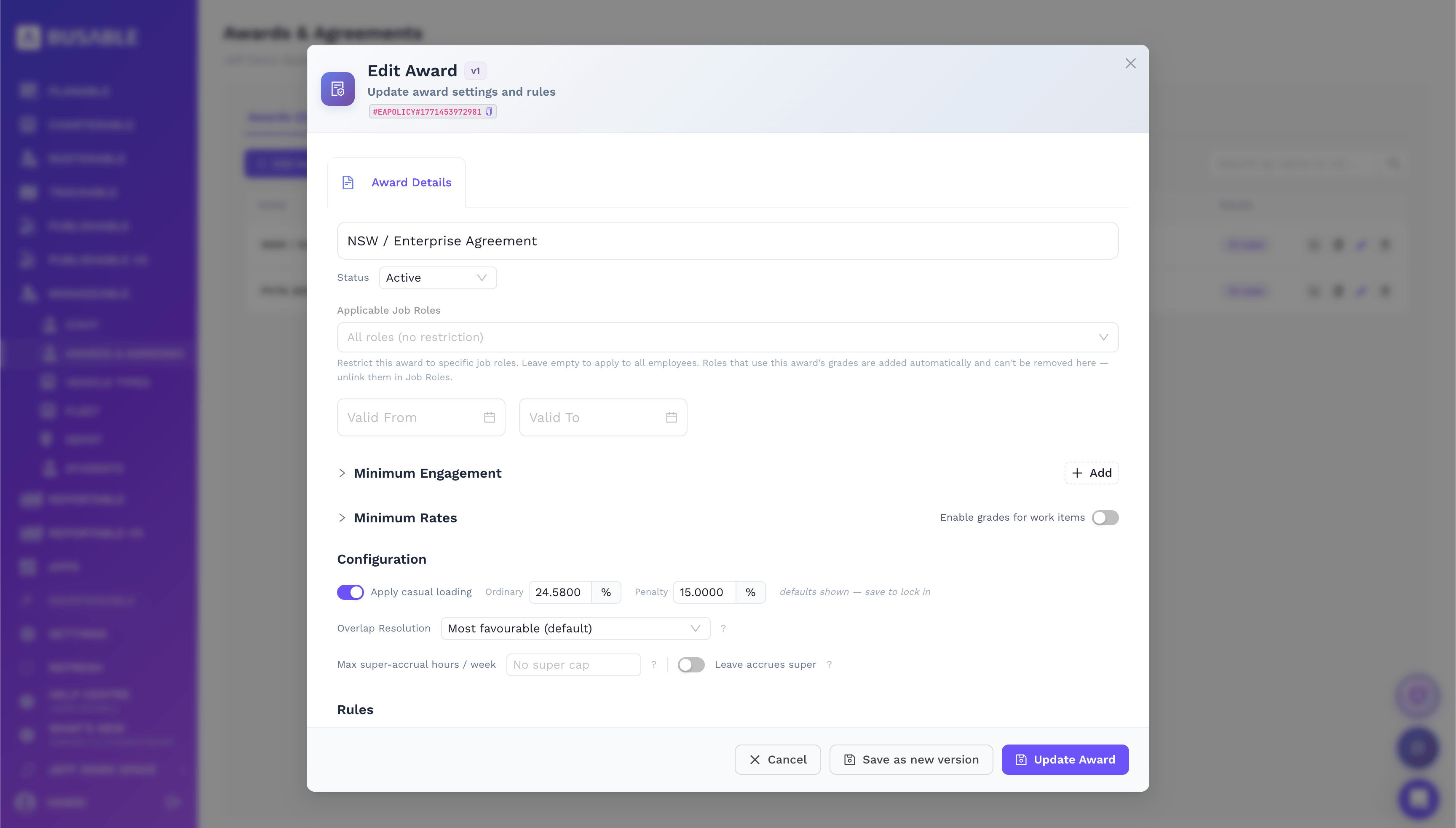 Edit award dialog with casual loading, penalty rates, minimum engagement and overlap resolution