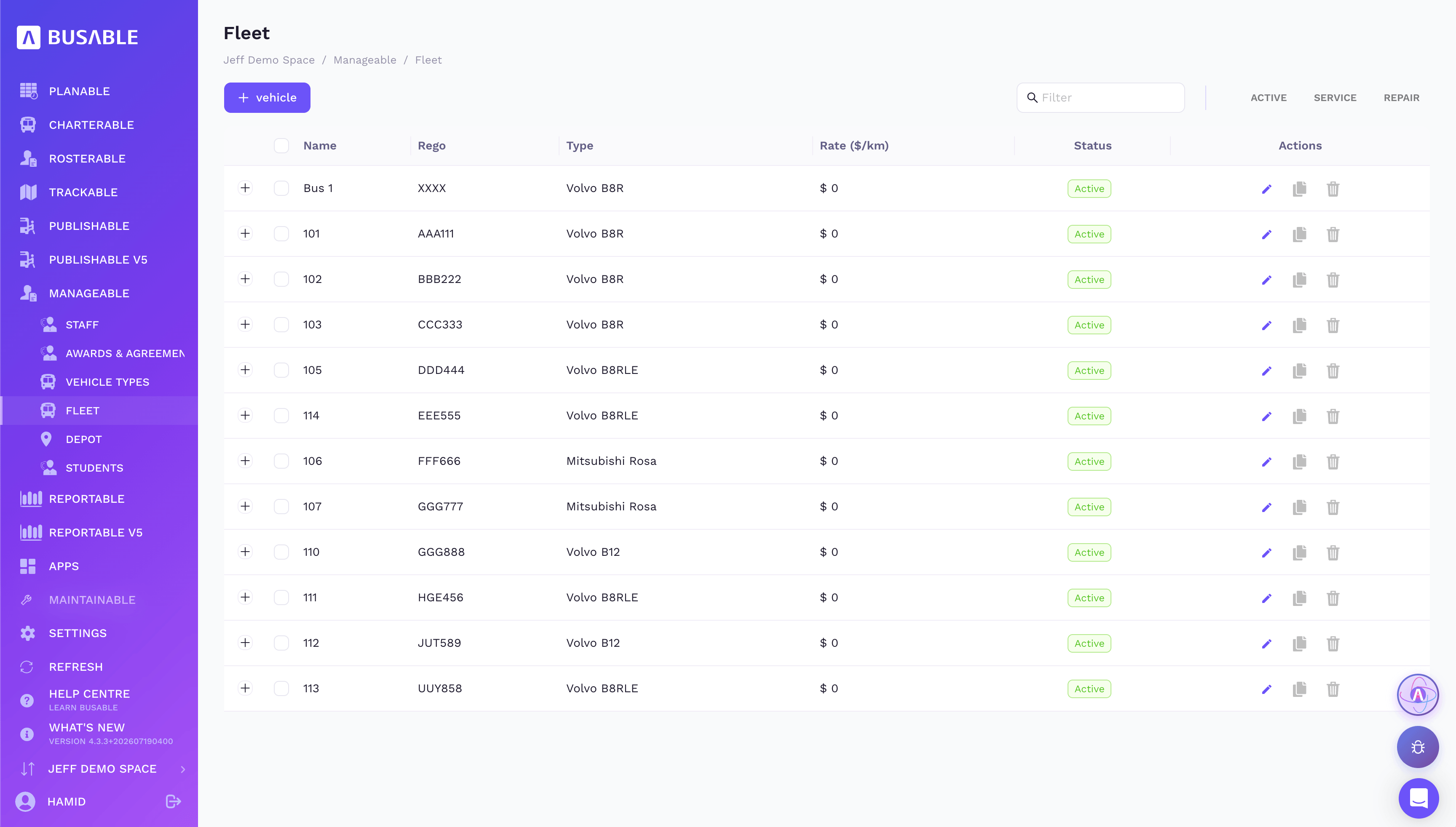 Fleet list with vehicle name, rego, type and an active status