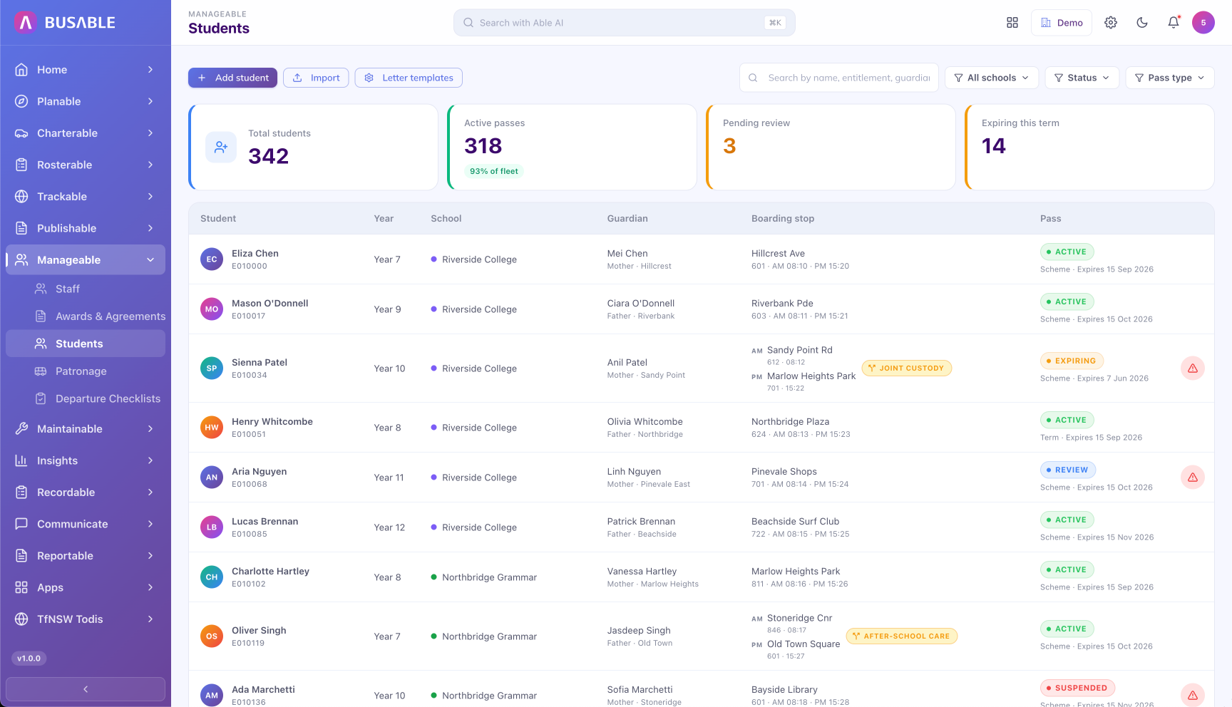 Student register - 342 total students, 318 active, 3 pending review, 14 awaiting term start, with per-student detail on school, guardian, boarding stop, and pass
