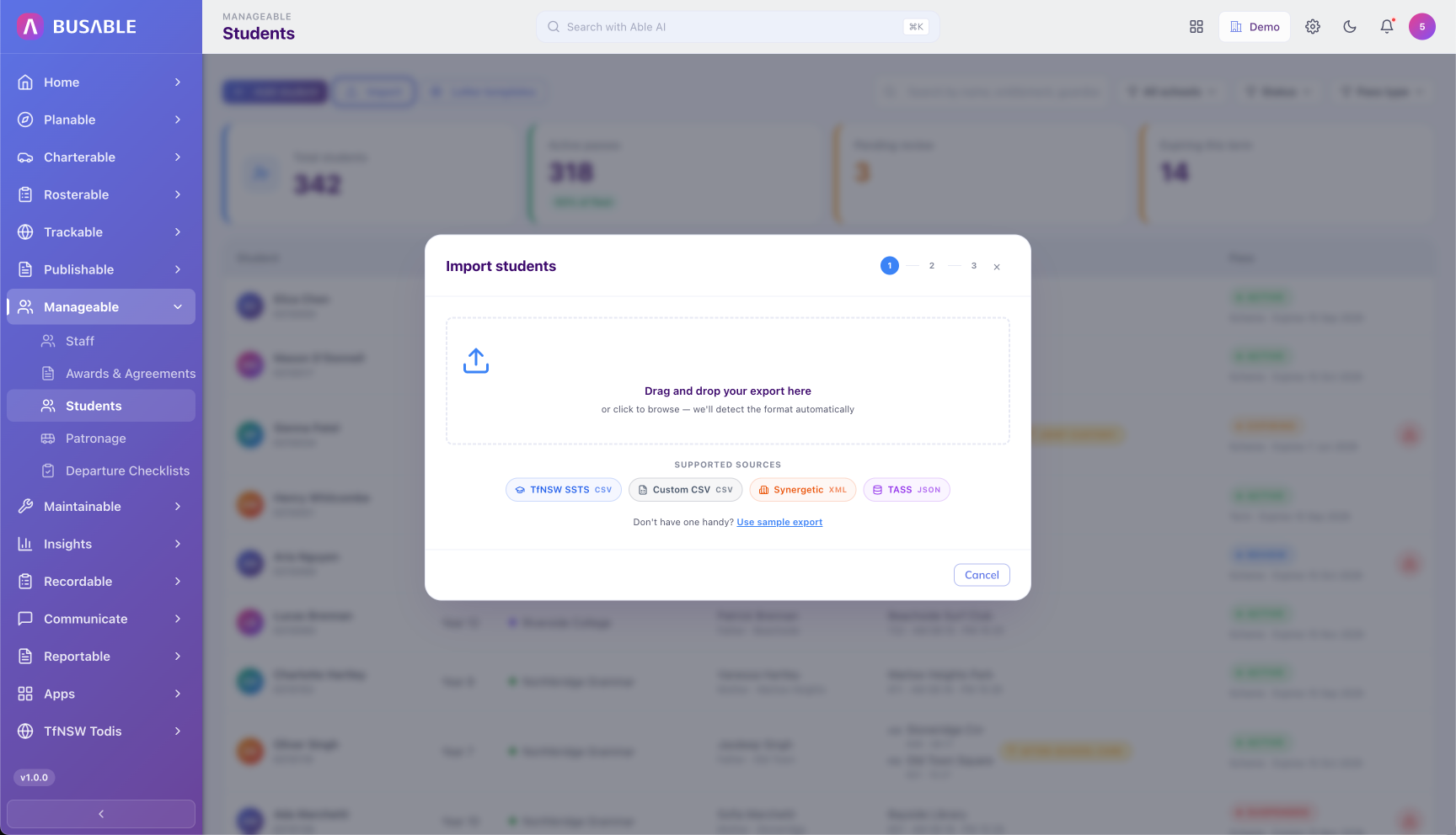 Import students modal with drag-and-drop CSV upload and source format selectors for TASS, Compass, Sentral, and generic templates